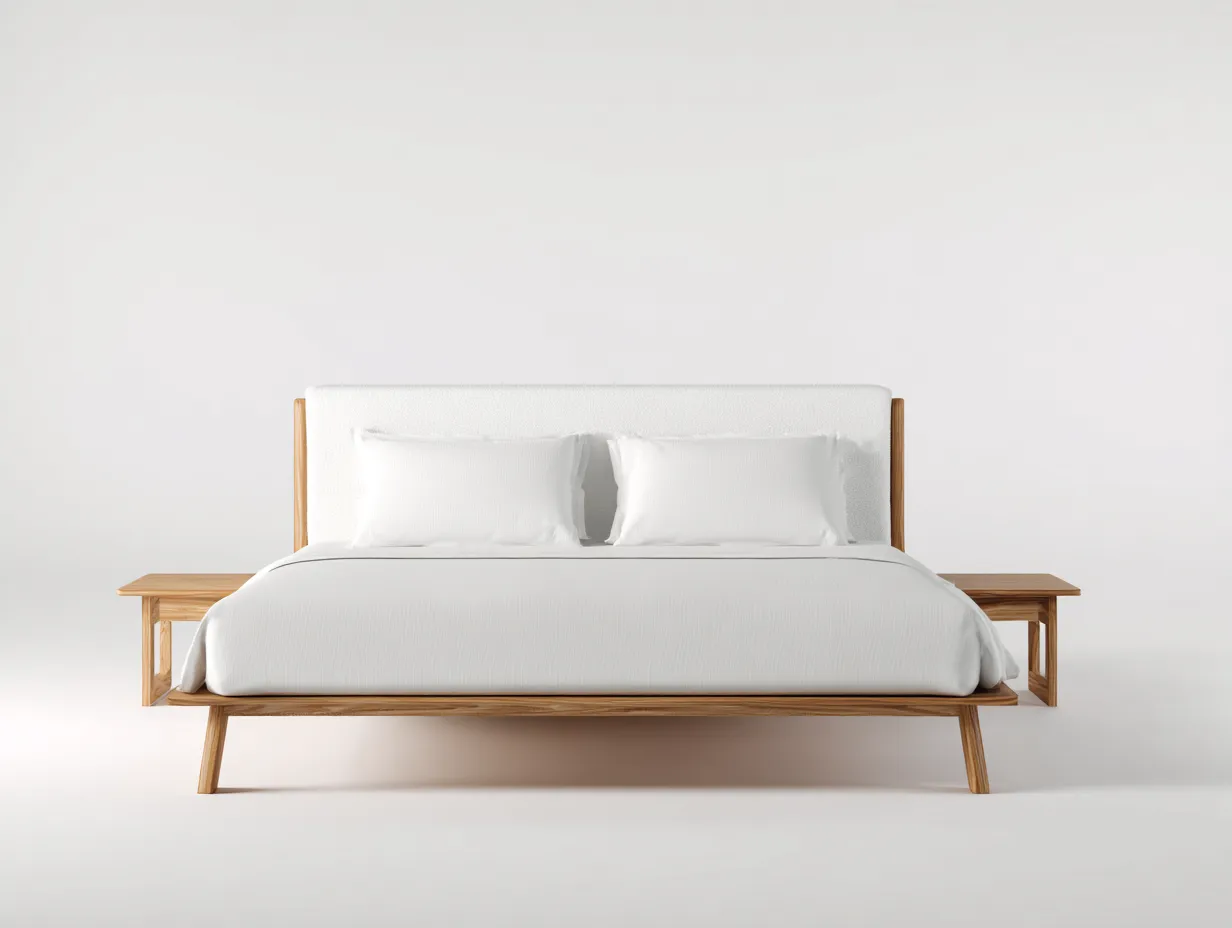 Lit double - Tissu-Bois - 248 x 206 x 98 cm - Blanc cassé - Style japonais-Loftmyly