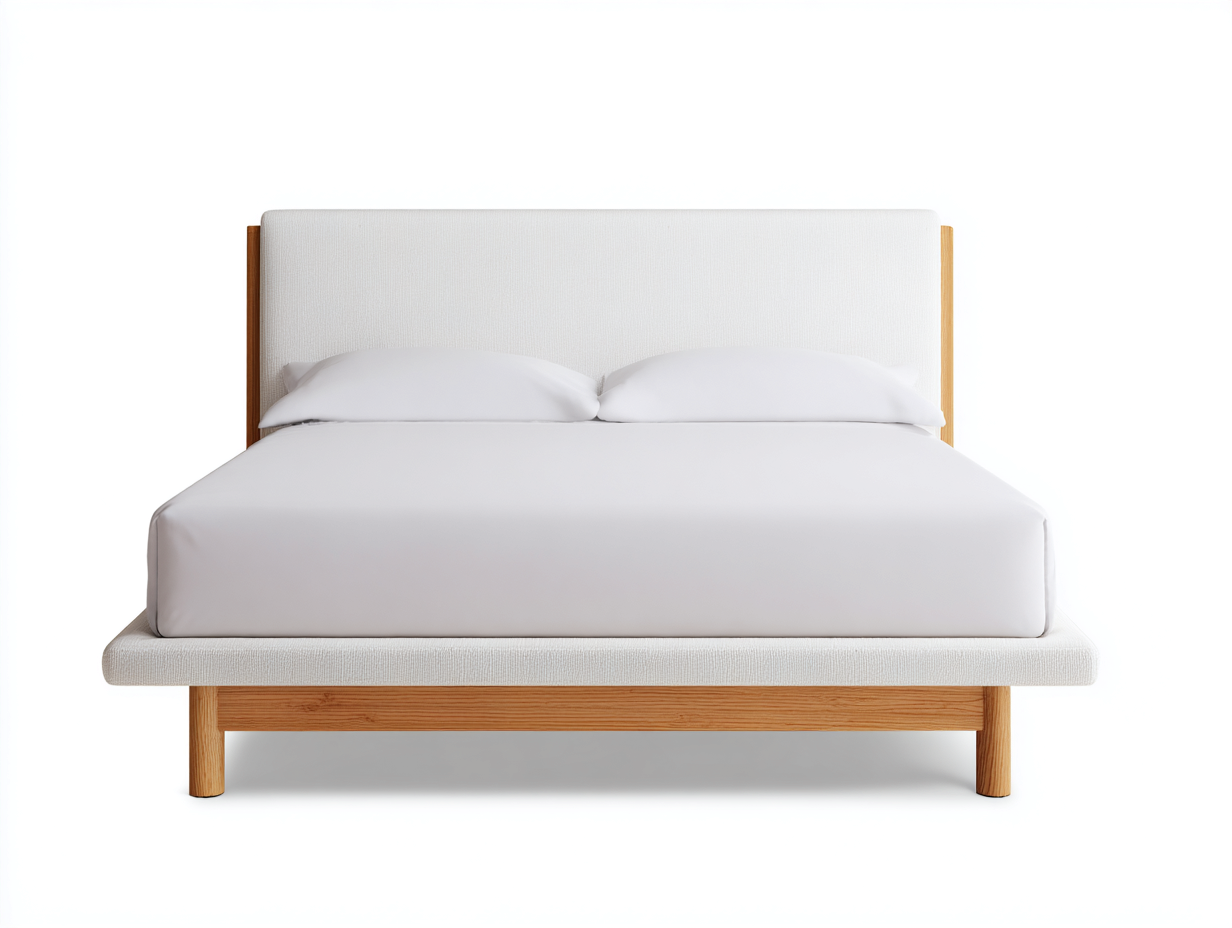 Lit double - Tissu-Bois - 214 x 182 x 102 cm - Blanc cassé - Style minimaliste-Loftmyly