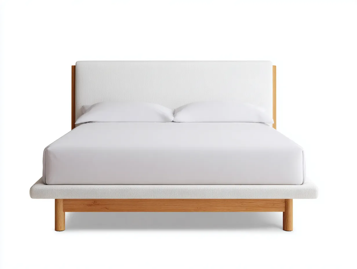 Lit double - Tissu-Bois - 214 x 182 x 102 cm - Blanc cassé - Style minimaliste-Loftmyly