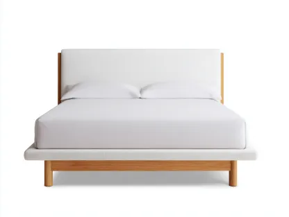 Lit double - Tissu-Bois - 214 x 182 x 102 cm - Blanc cassé - Style minimaliste-Loftmyly