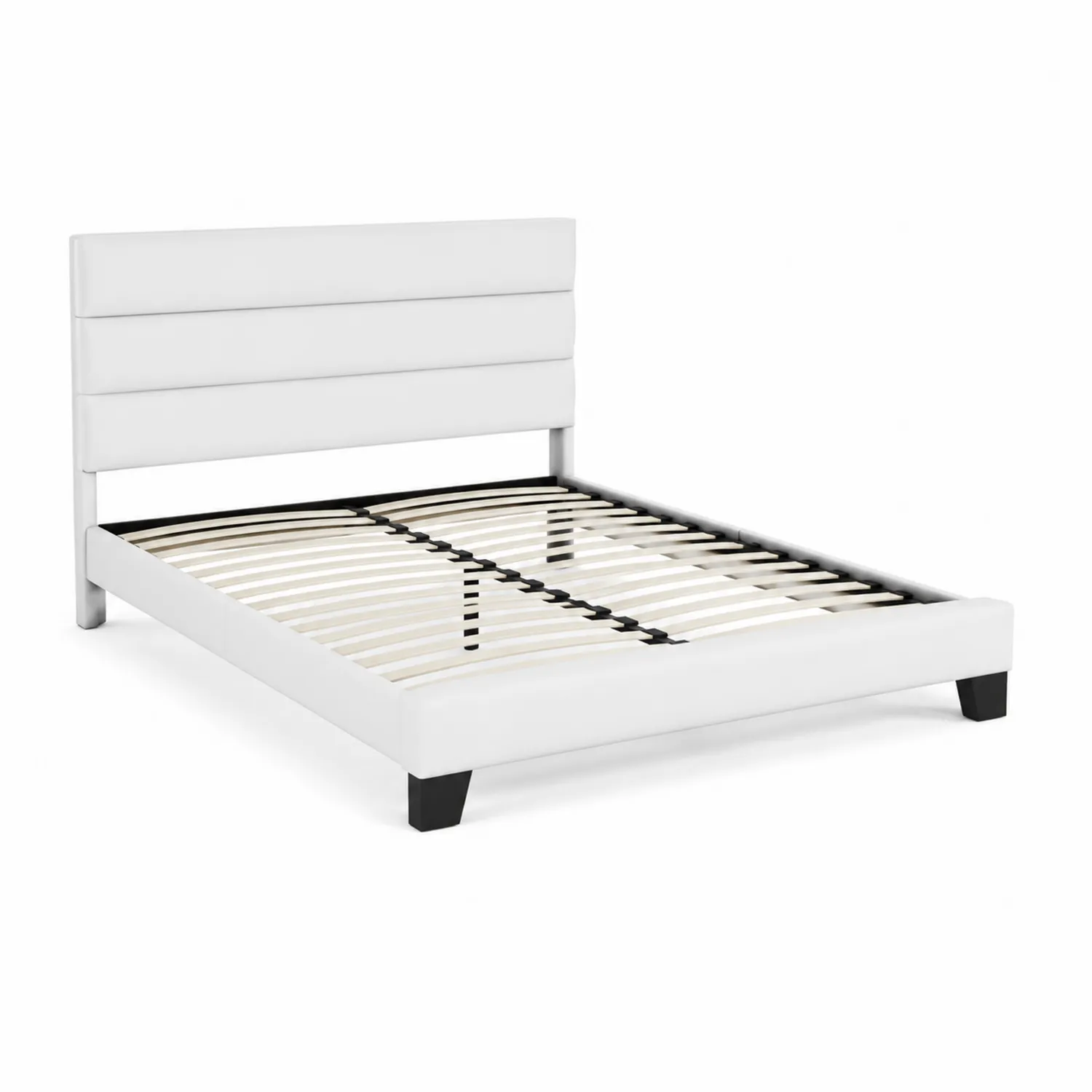 Lit double en bois et métal avec tête de lit rembourrée en cuir synthétique blanc 160x200 cm
