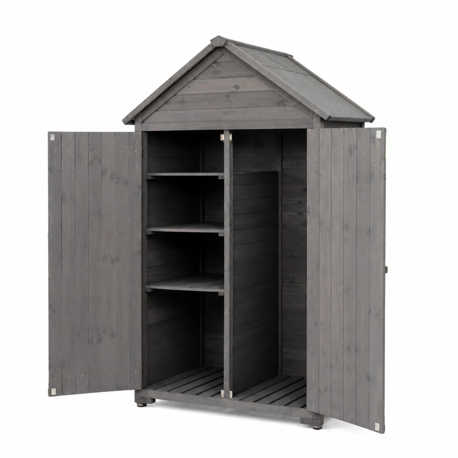 Abri de jardin en bois avec étagères et portes battantes