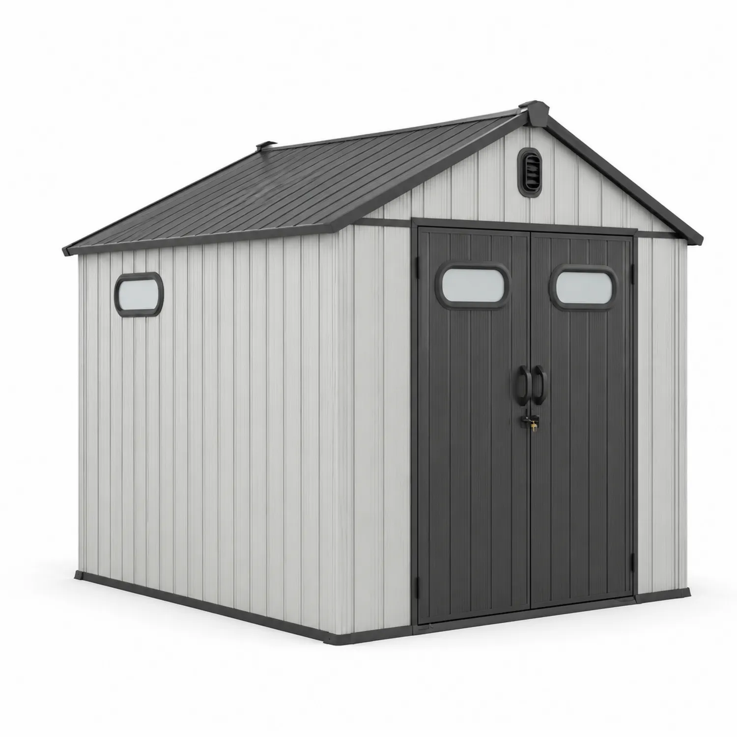 Abri de jardin en polypropylène Gris et Noir avec fenêtres et portes doubles