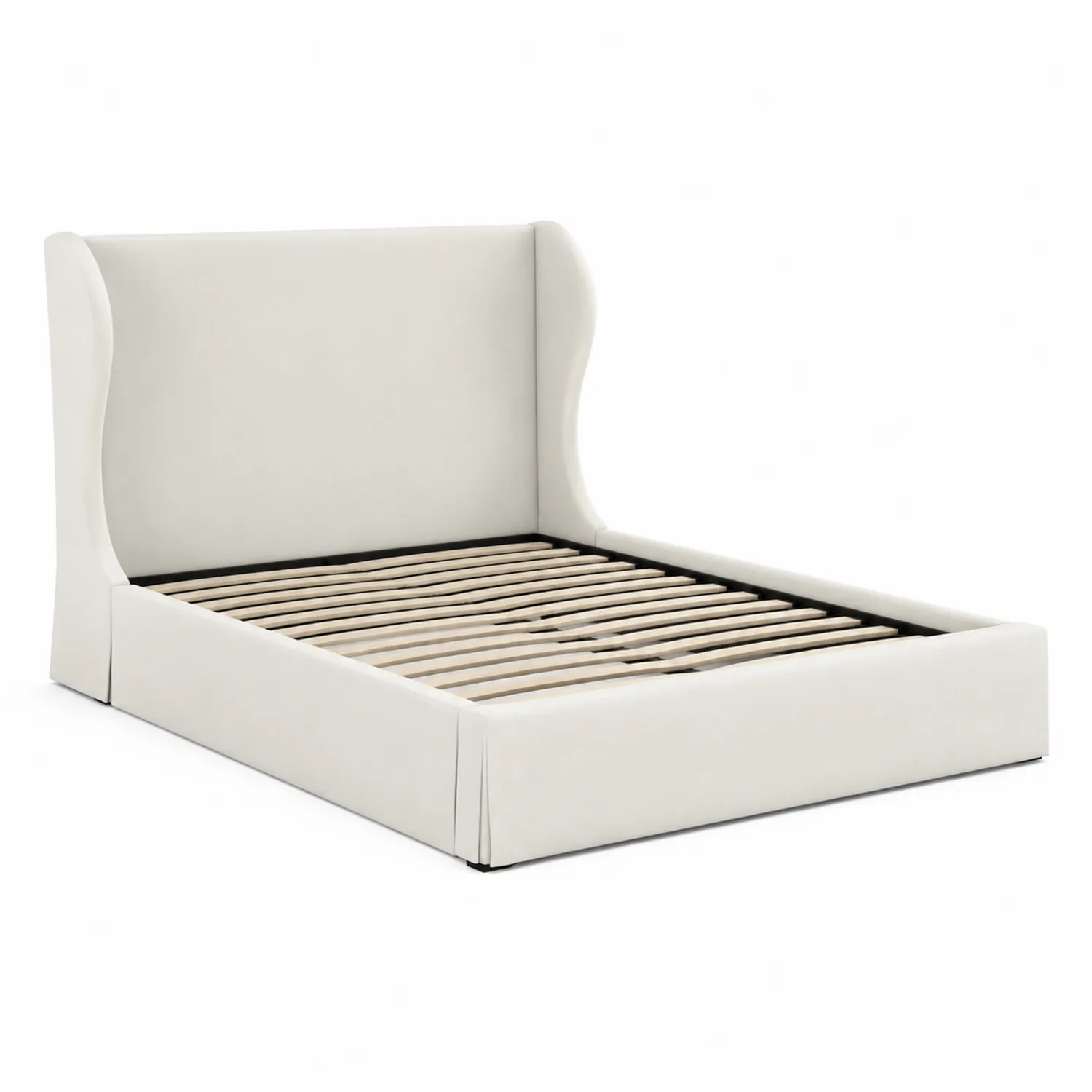 Lit double en bois avec tête de lit en tissu beige