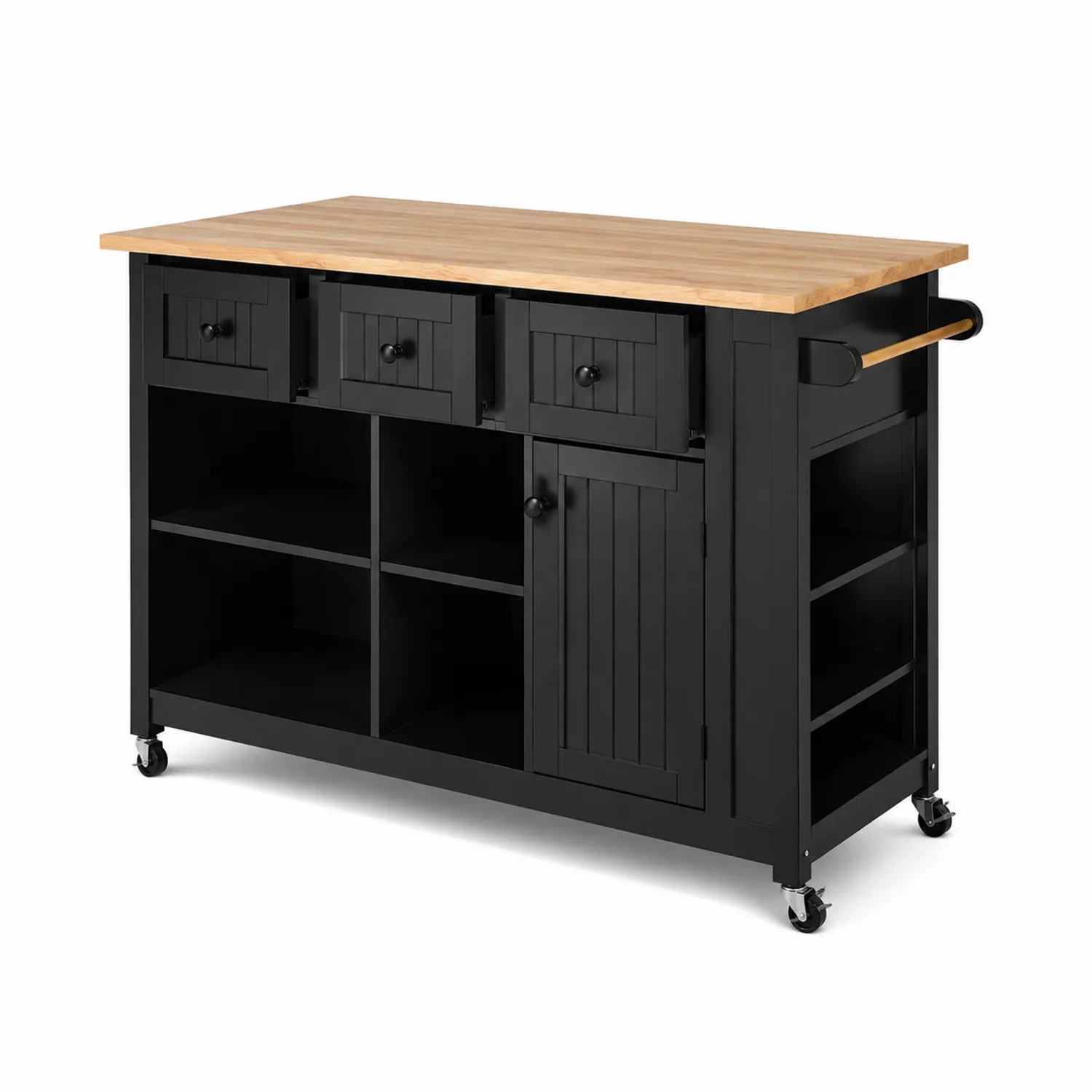 Îlot de Cuisine Mobile en Bois et Noir