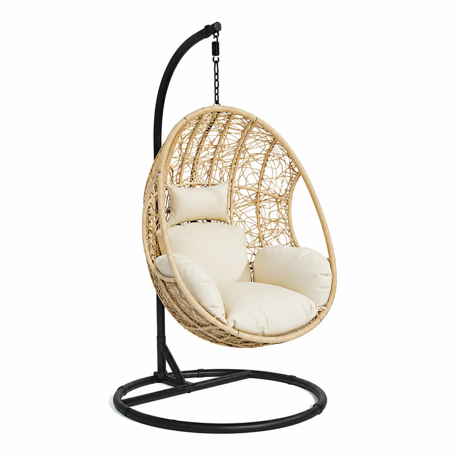 Fauteuil Suspendu en Rotin avec Coussin Beige et Support en Acier