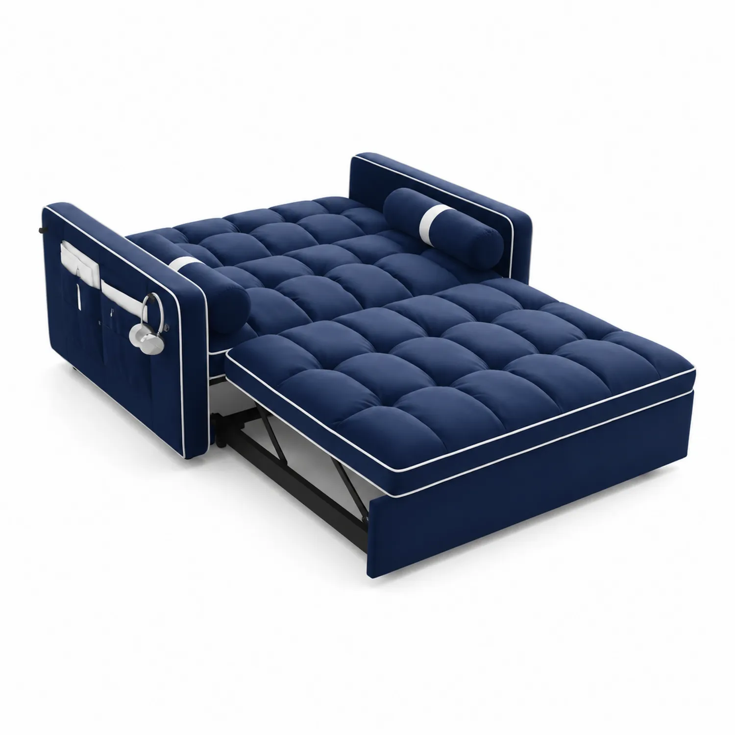 Canapé-lit en velours Bleu foncé avec accoudoirs et poche latérale