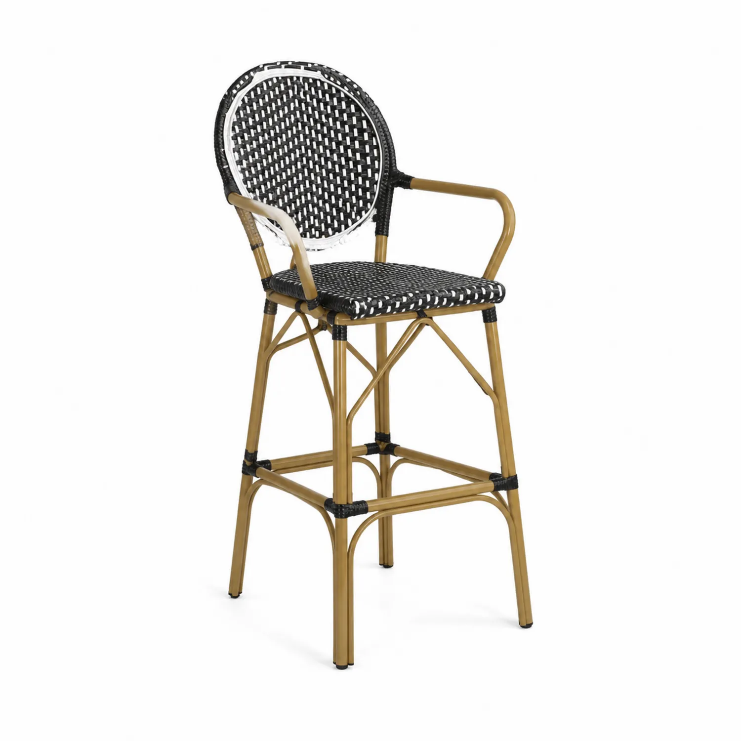 Tabouret de bar en rotin synthétique et aluminium avec dossier arrondi