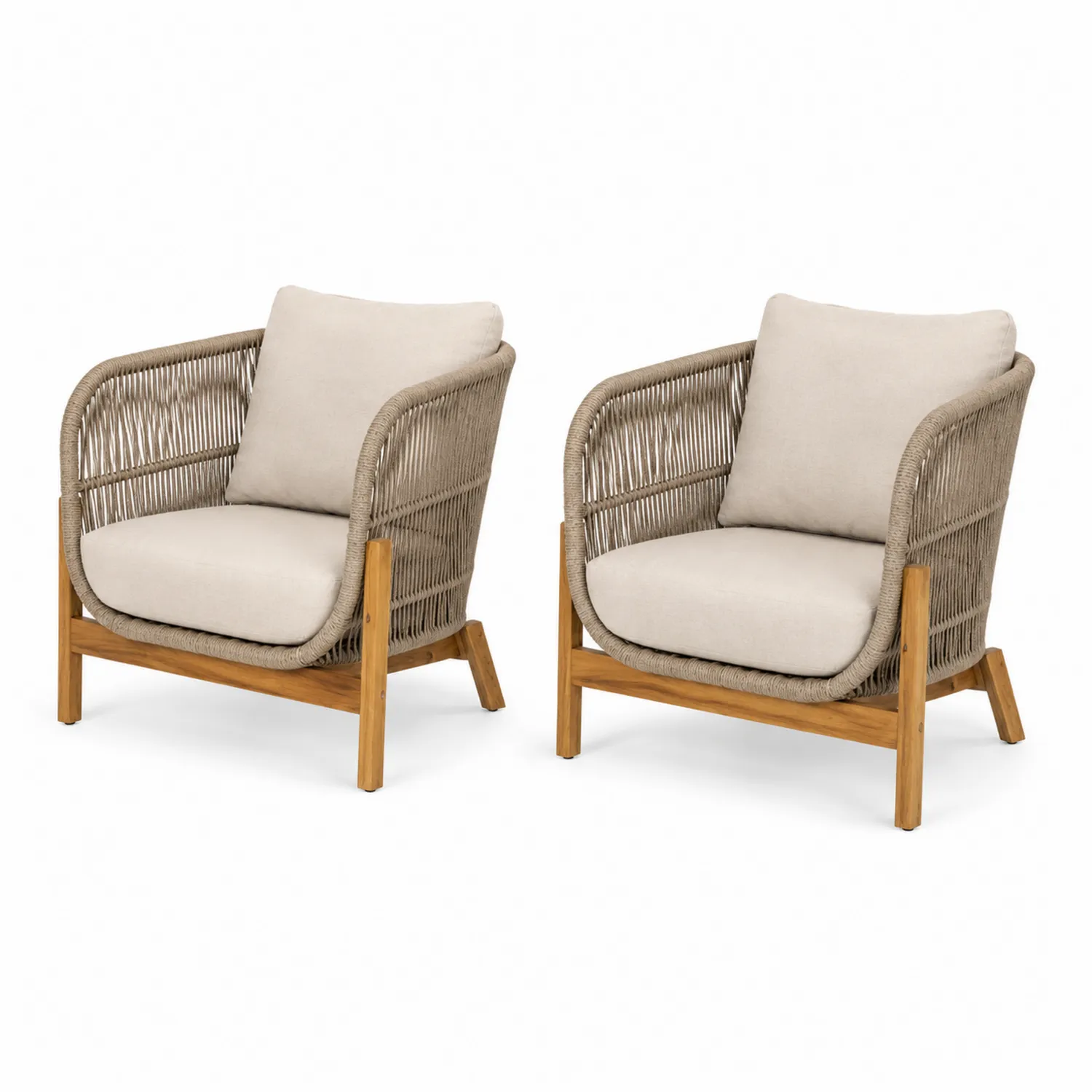 Lot de 2 fauteuils extérieurs en teck et rotin synthétique beige