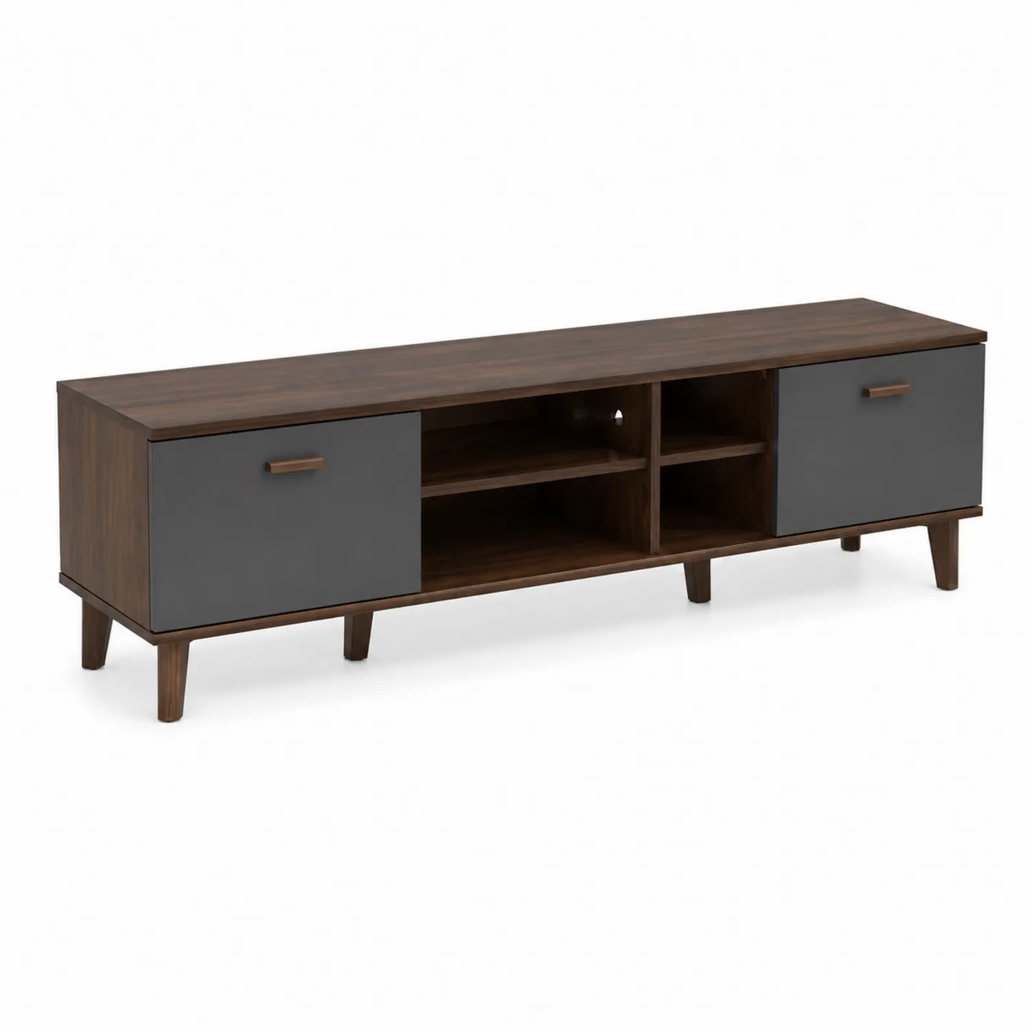 Meuble TV en bois brun foncé et gris avec deux portes