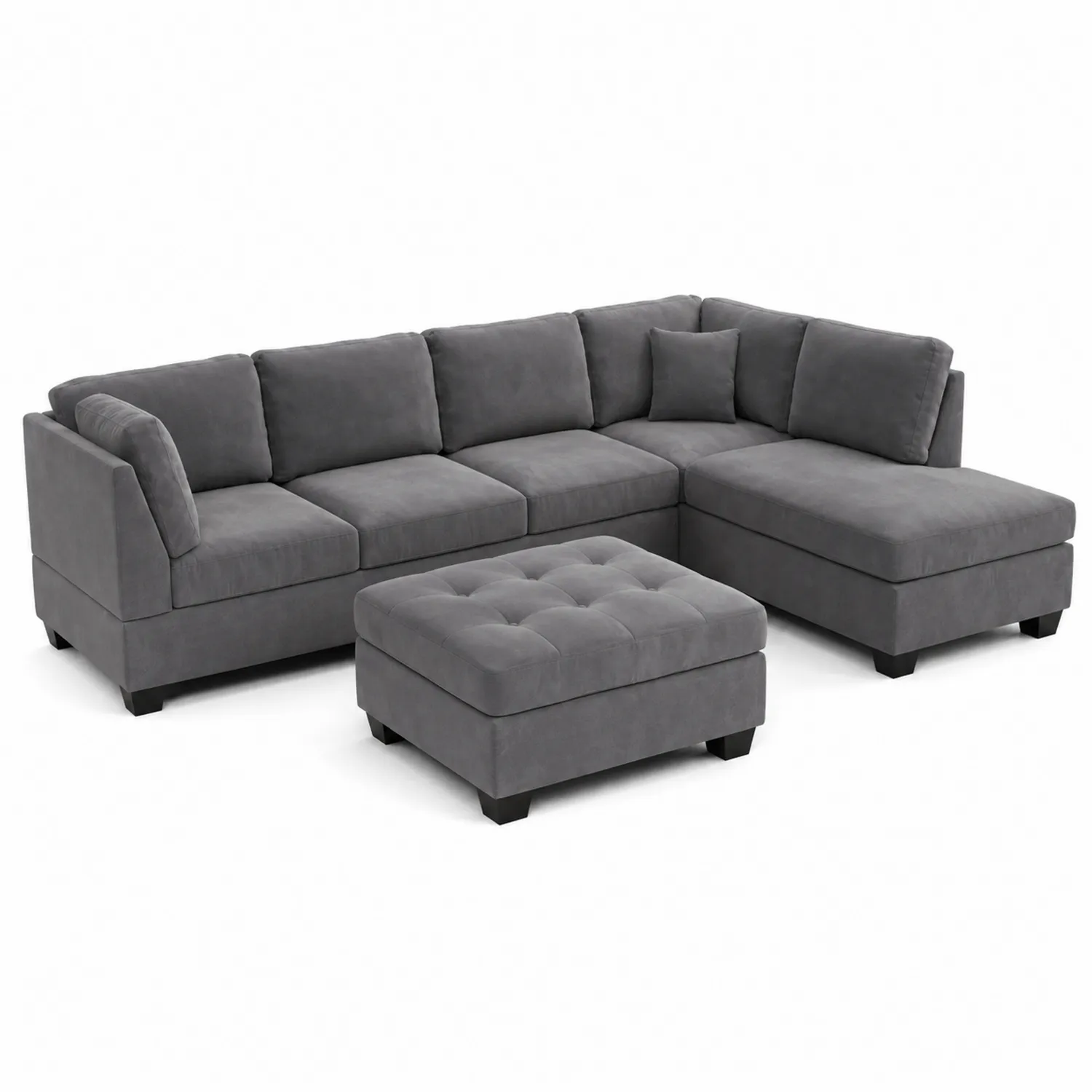 Canapé d'angle en tissu gris avec pouf