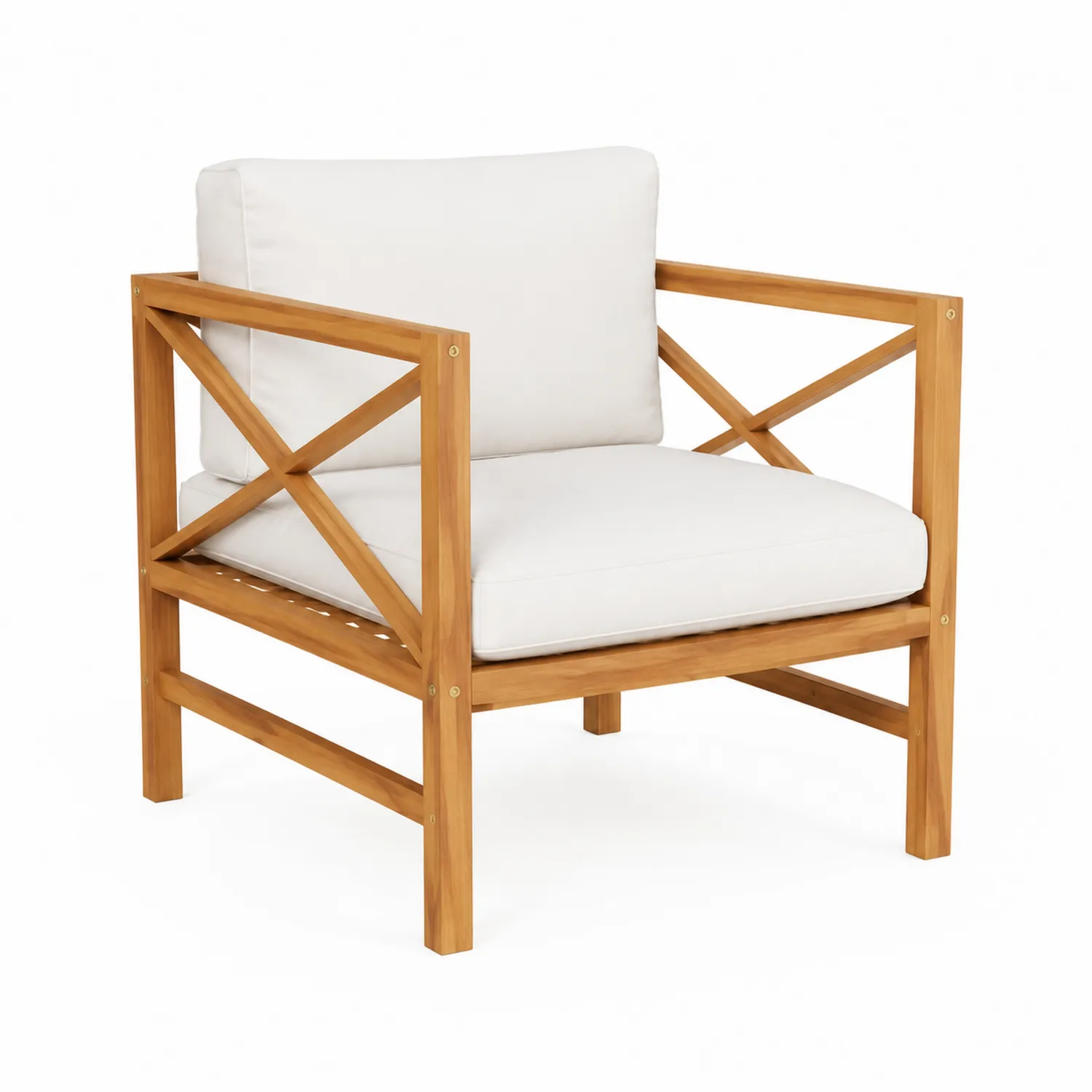 Fauteuil en bois d'acacia avec coussins en polyester blanc