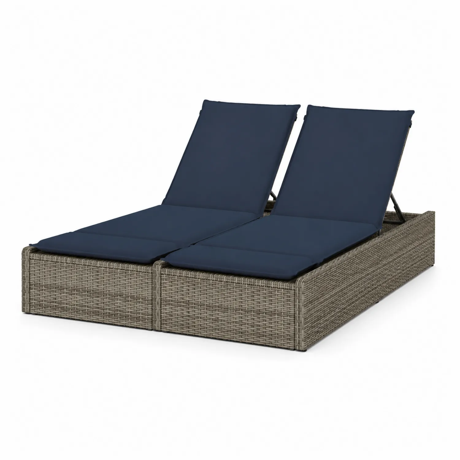 Double Transat en Résine Tressée Gris avec Coussin Polyester Bleu