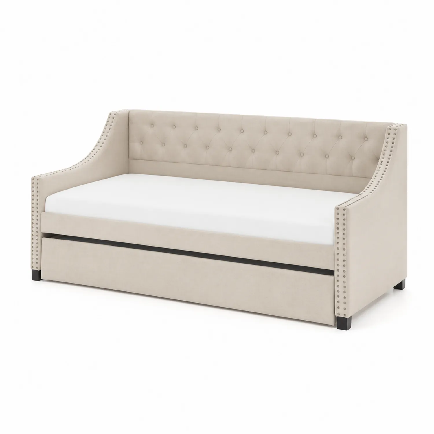Lit gigogne en bois et tissu beige avec coutures capitonnées
