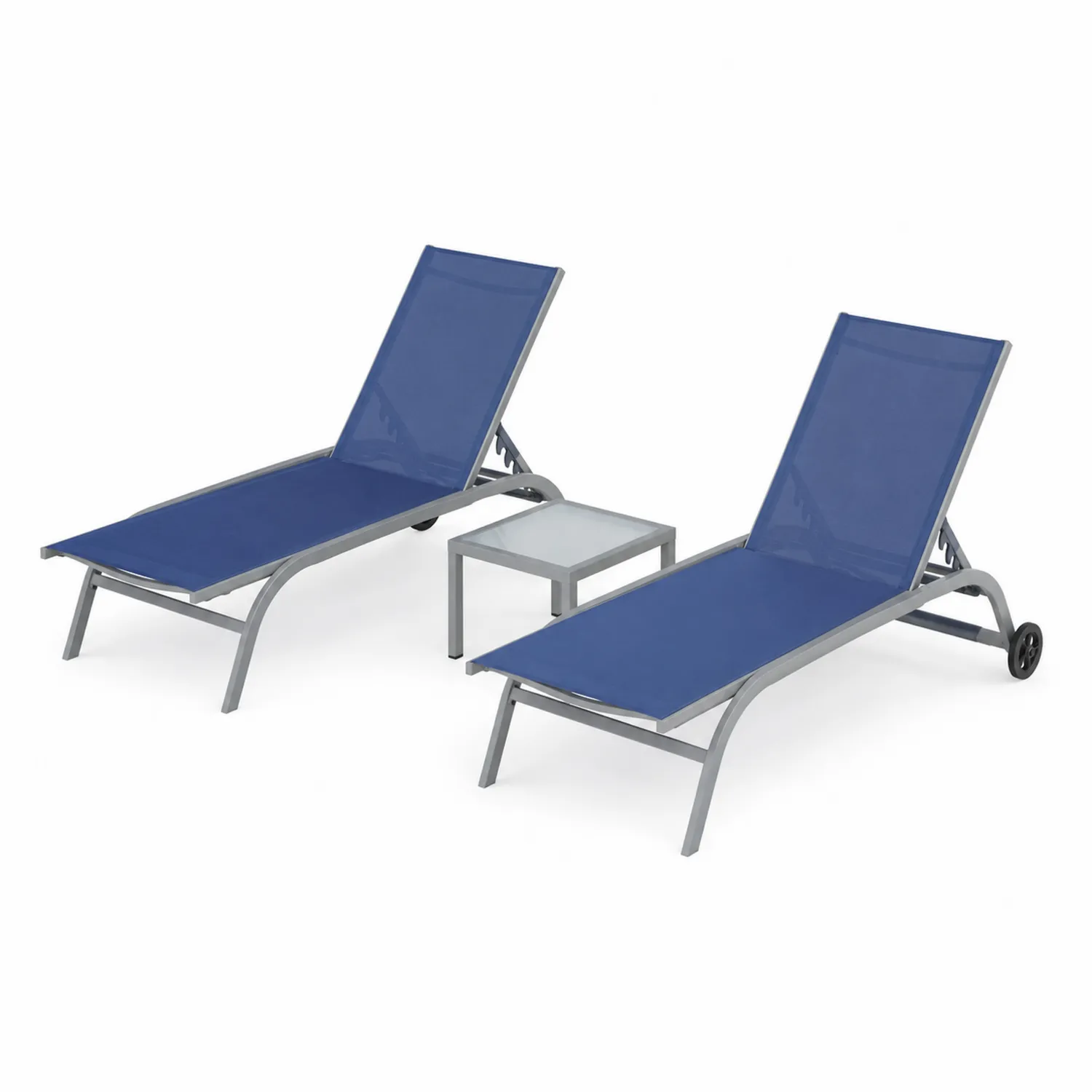 Ensemble de 2 chaises longues en aluminium et textilène bleu avec table en verre trempé-Velnovorin