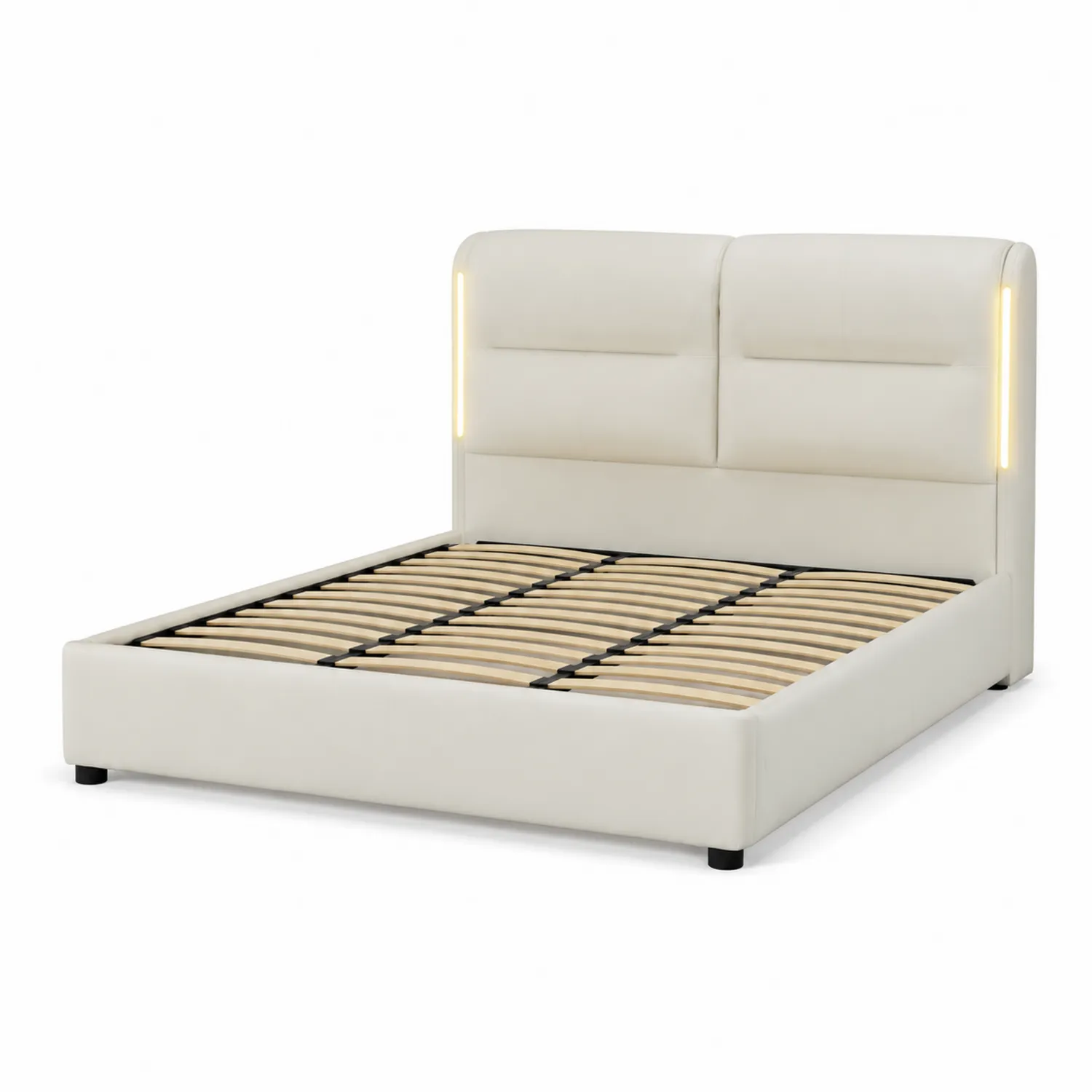 Lit double en cuir synthétique blanc avec éclairage LED-Velnovorin