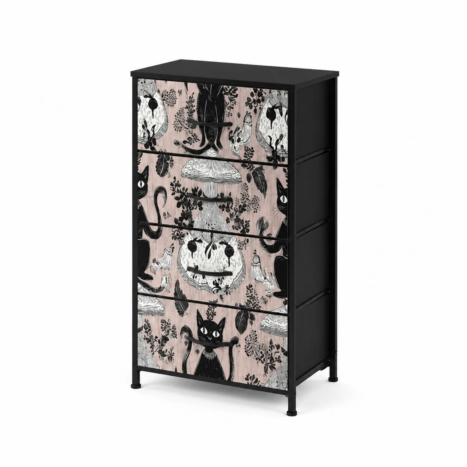 Commode en métal et panneaux de fibre avec motif chat noir-Velnovorin