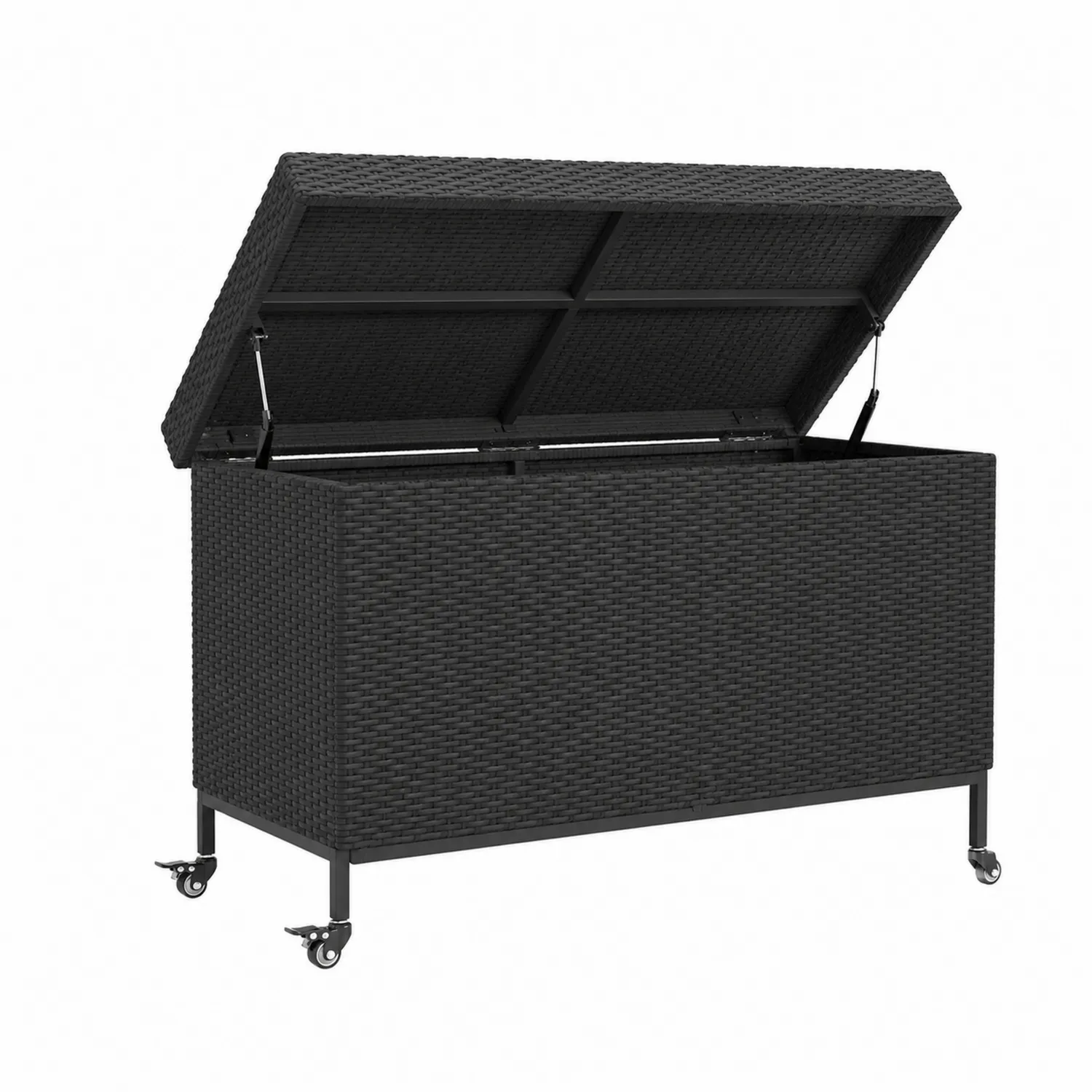 Coffre de rangement en rotin synthétique avec roulettes Noir-Velnovorin