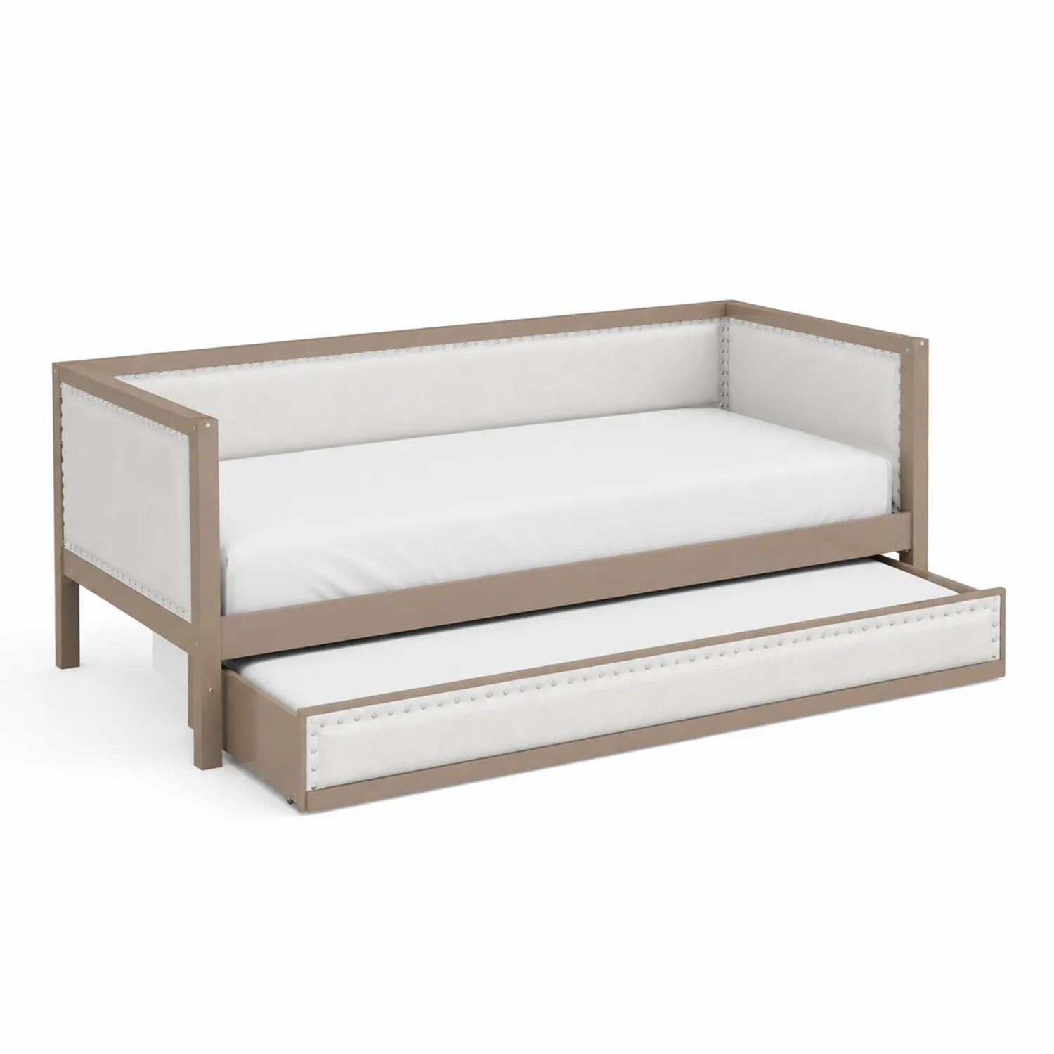 Lit de jour en bois avec lit gigogne en tissu beige et blanc-Velnovorin
