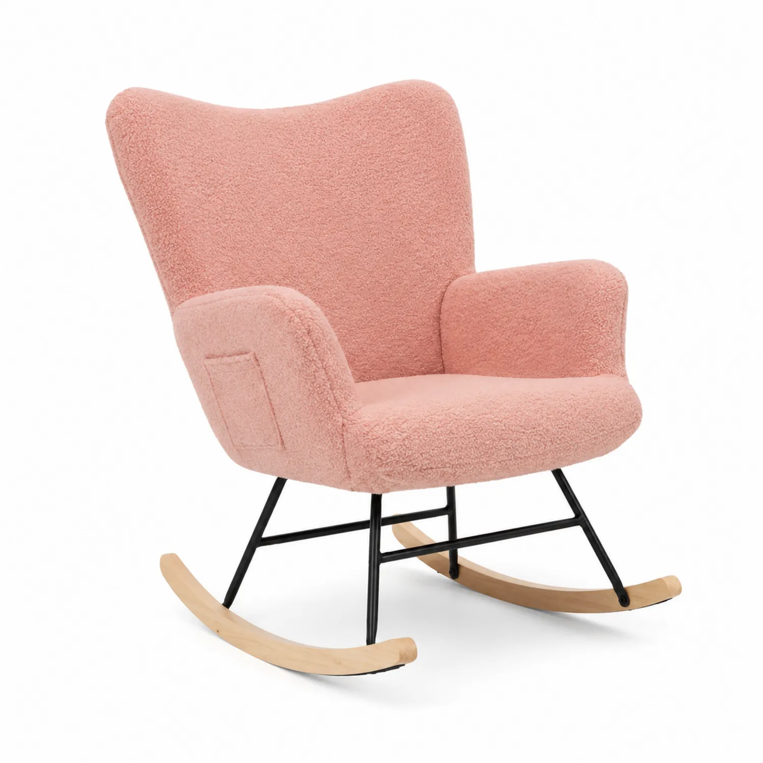 Chaise à bascule en tissu bouclé rose avec base en bois-Velnovorin