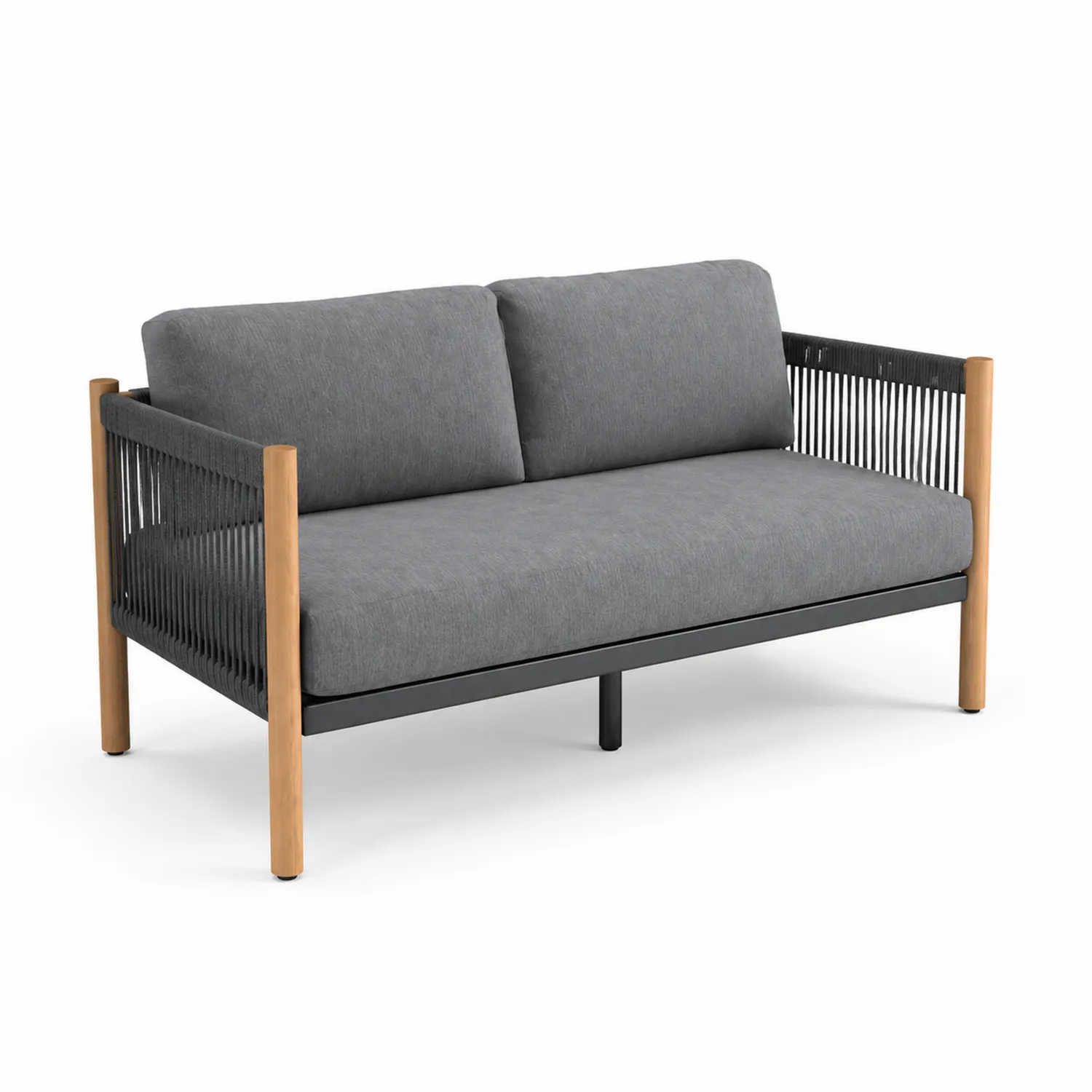 Canapé de jardin 2 places en tissu gris avec accoudoirs en teck et structure en métal-Velnovorin