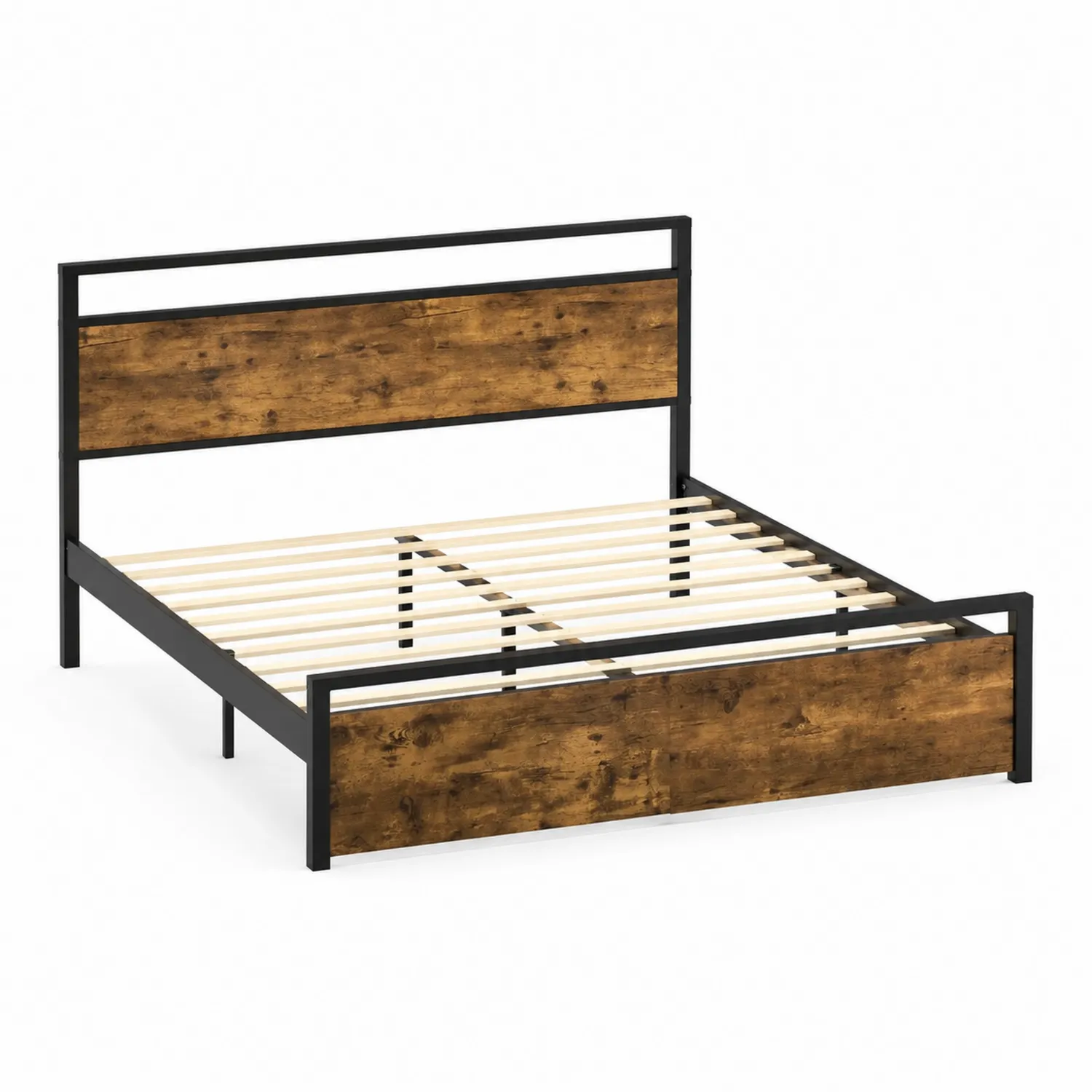 Lit double en métal noir et bois MDF marron 140x200 cm-Velnovorin