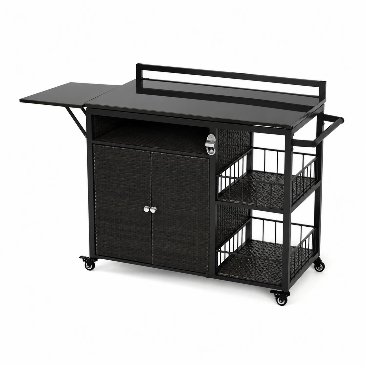 Chariot de cuisine noir en acier et rotin avec plateau extensible-Velnovorin