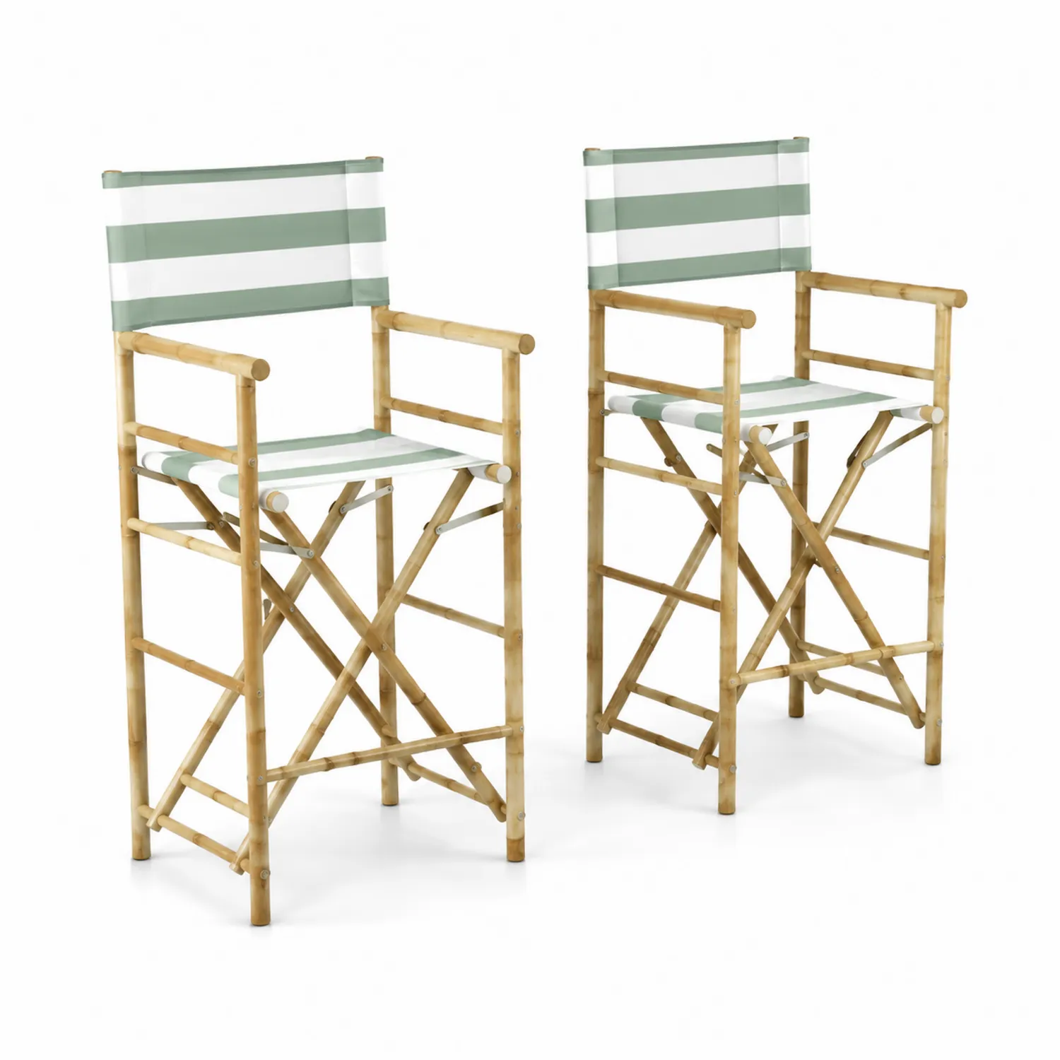 Lot de 2 chaises pliantes en bambou et tissu vert/blanc-Velnovorin