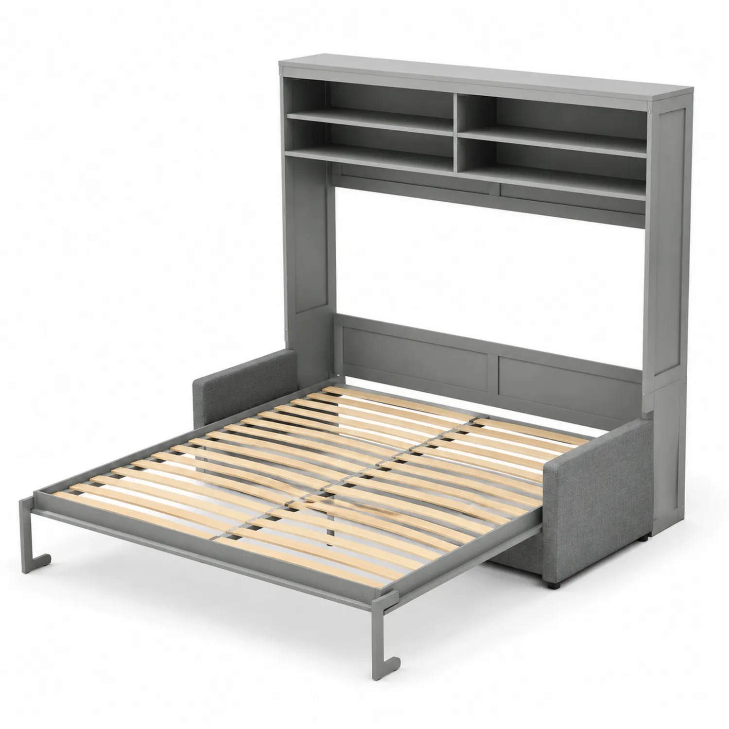 Lit escamotable gris avec étagères en bois et métal 200x160 cm-Velnovorin