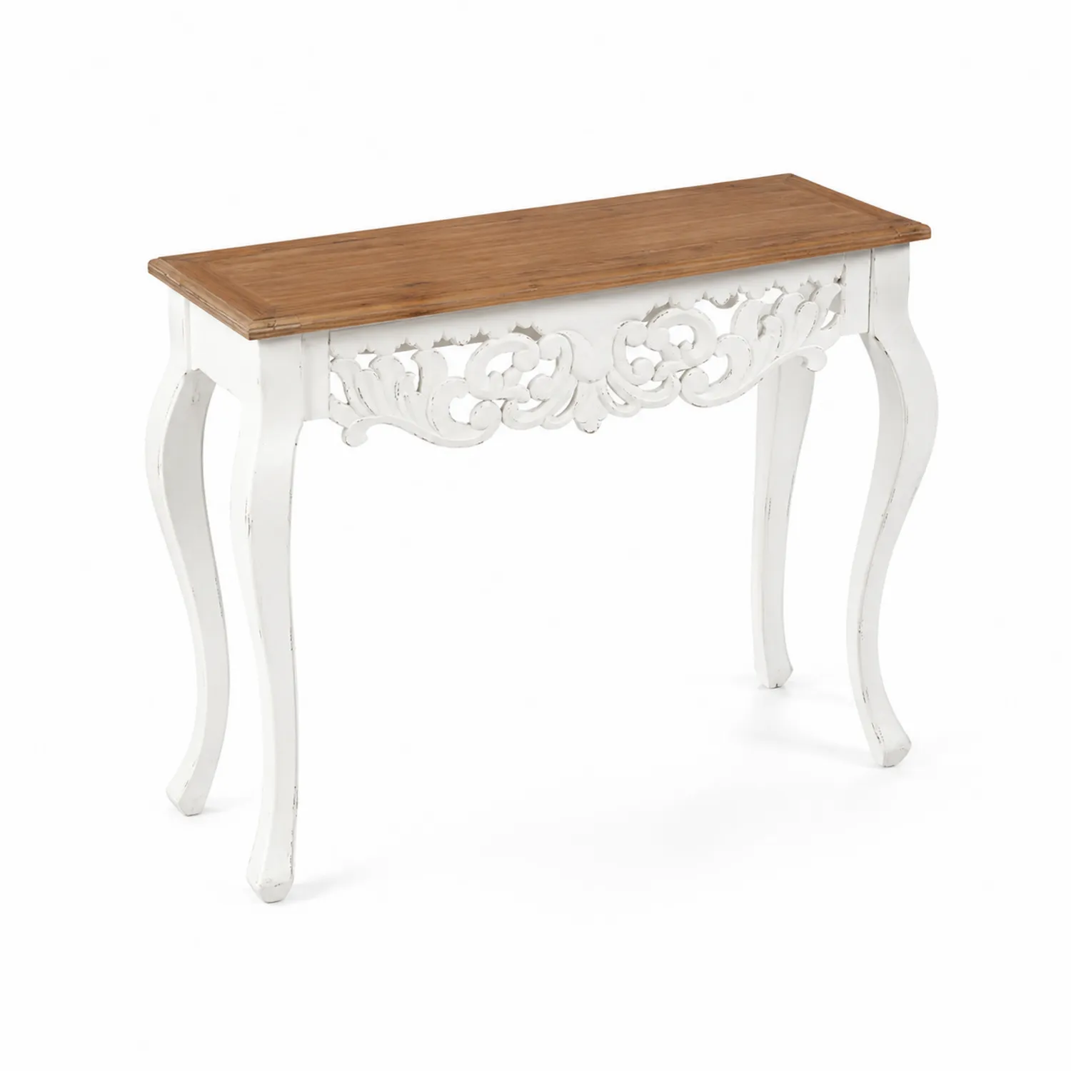 Console rectangulaire en bois Blanc et Brun avec décorations sculptées-Velnovorin