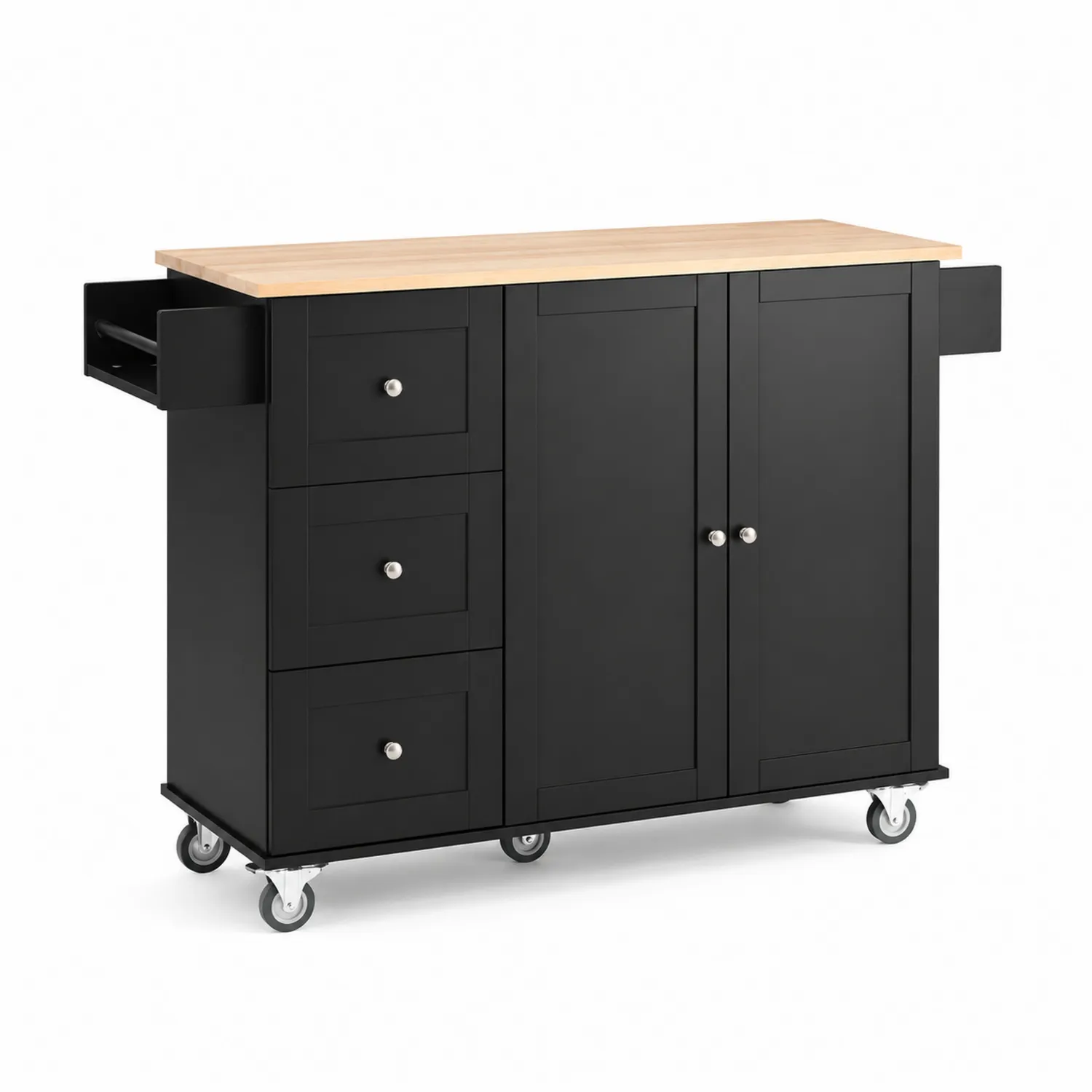 Desserte de cuisine mobile noire avec plateau en bois d'hévéa-Velnovorin