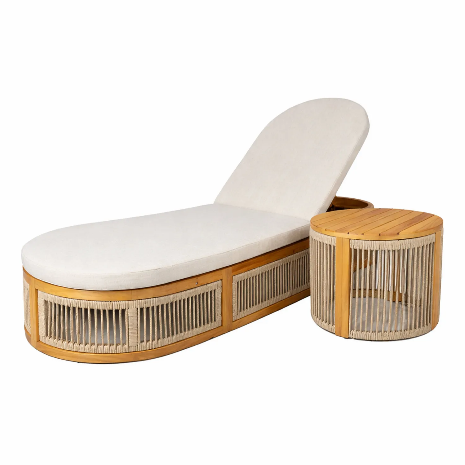 Chaise longue en bois et corde avec table d'appoint beige-Velnovorin