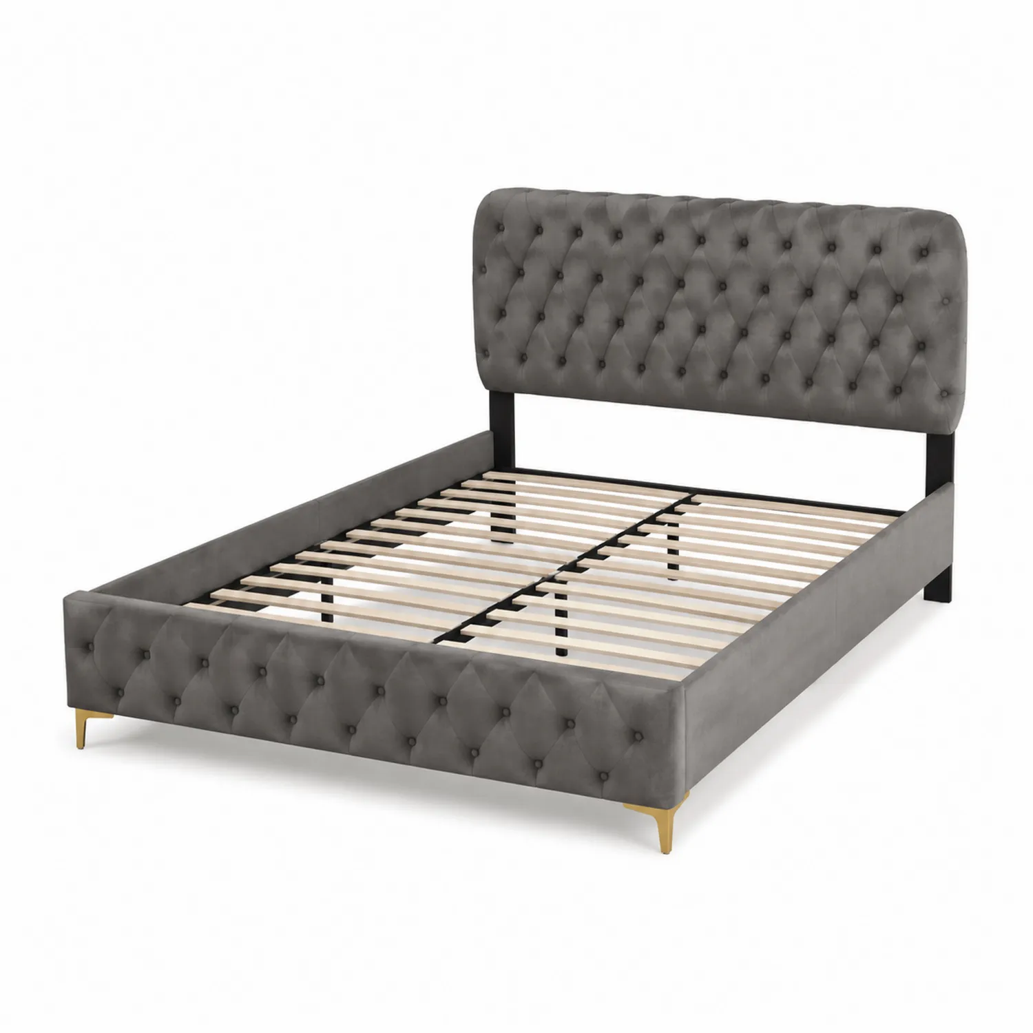 Lit double en velours gris avec tête de lit capitonnée 140x200 cm-Velnovorin