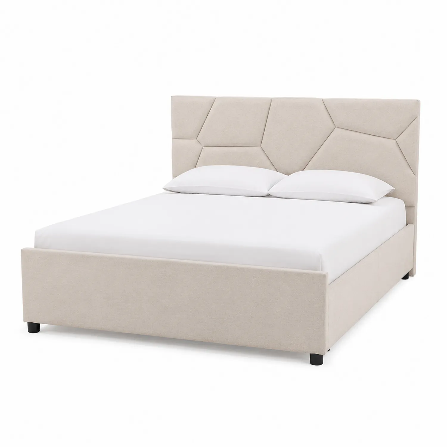 Lit double en tissu beige avec tête de lit géométrique 140x200 cm-Velnovorin