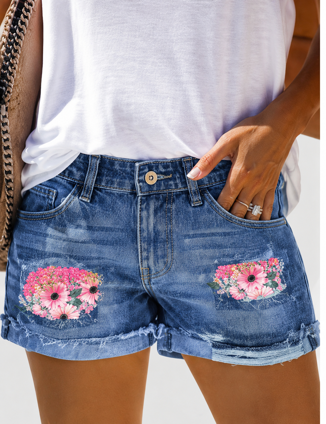 Women's Mid-Rise Printed Raw-Hem Denim Shorts