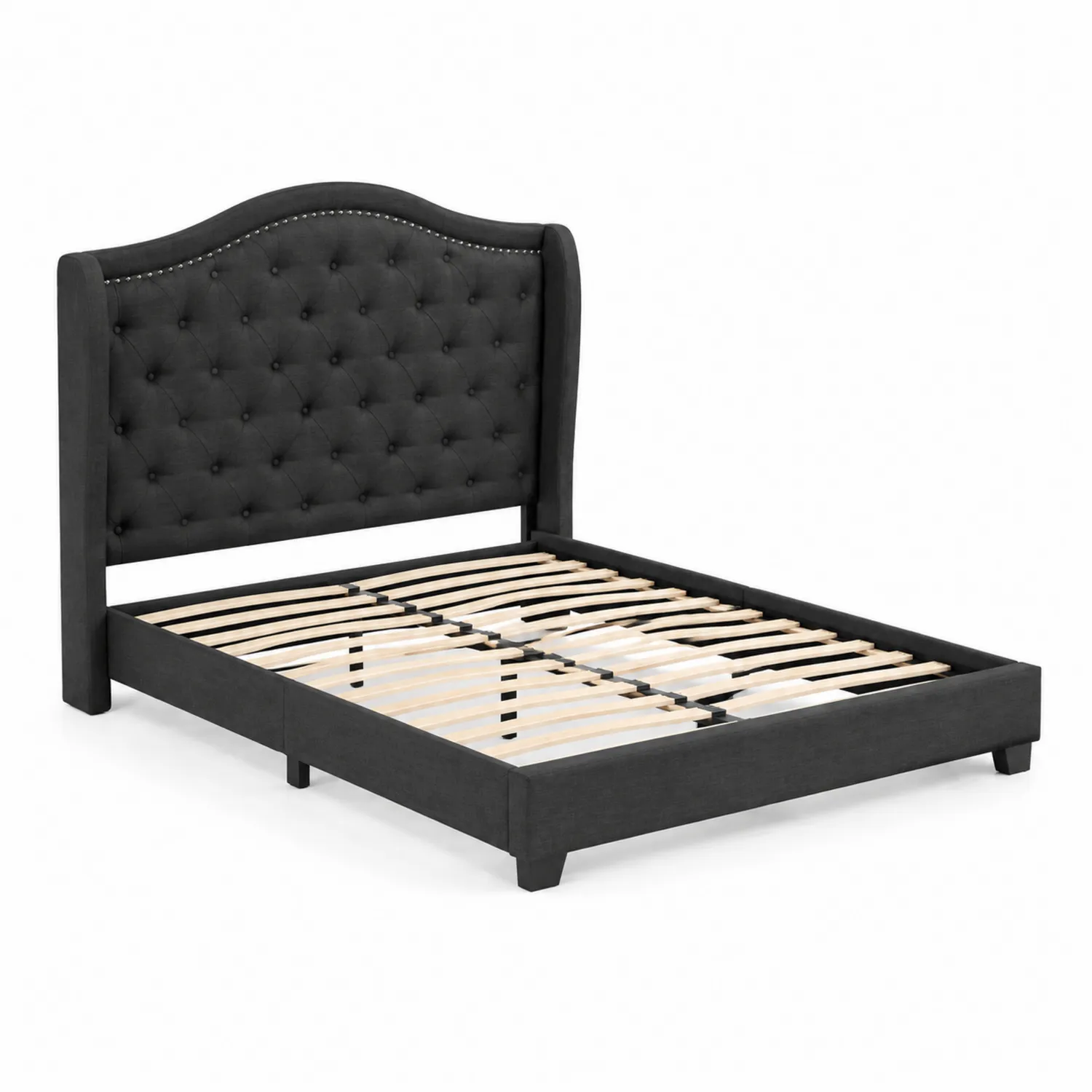 Lit Double en Tissu Noir avec Tête de Lit Capitonnée