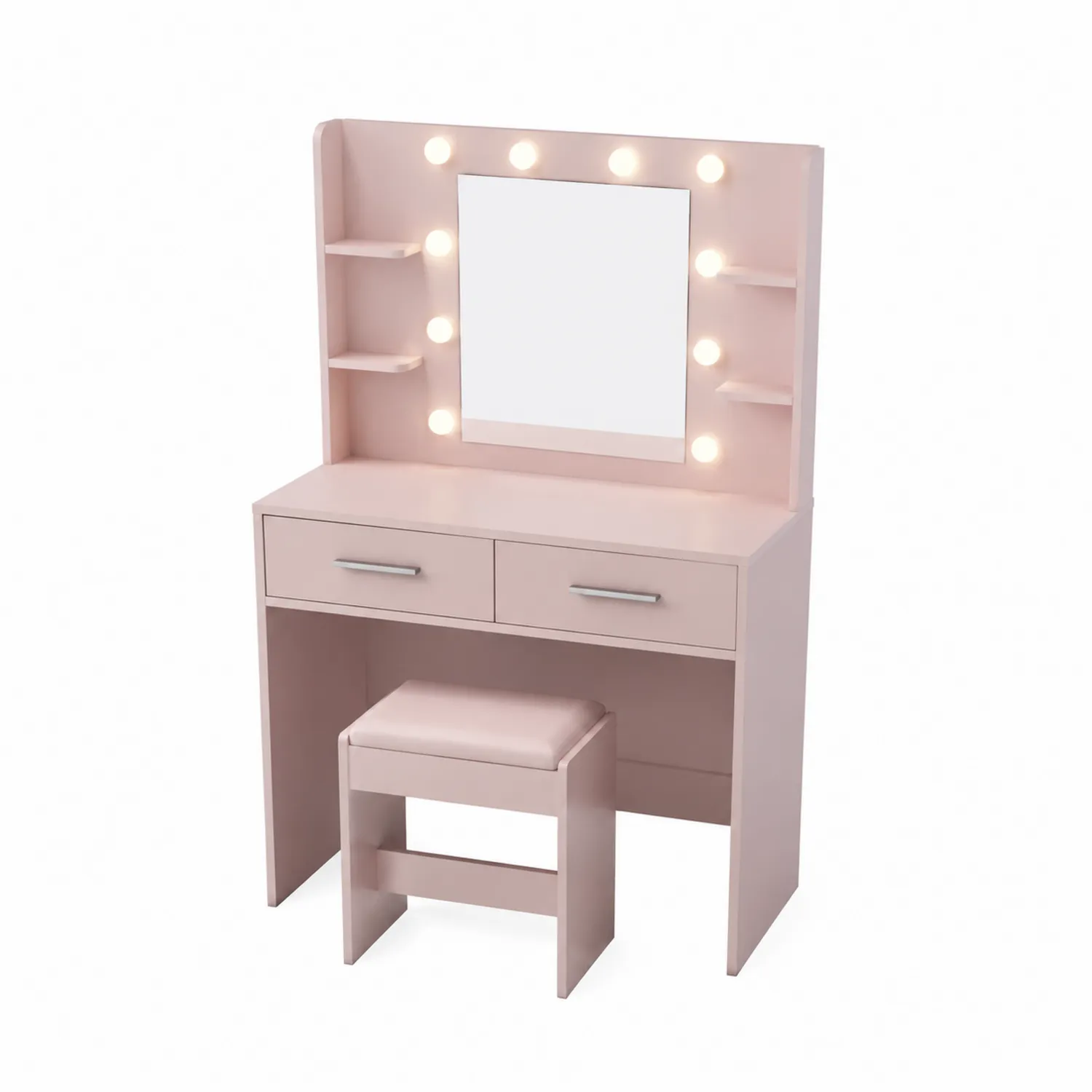 Coiffeuse en Bois Rose avec Miroir LED et Tabouret