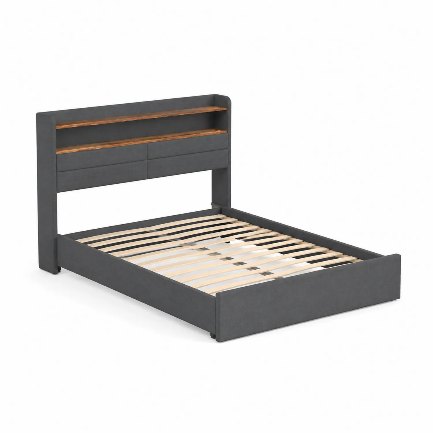 Lit double en bois et tissu Gris avec rangement intégré 140x200 cm