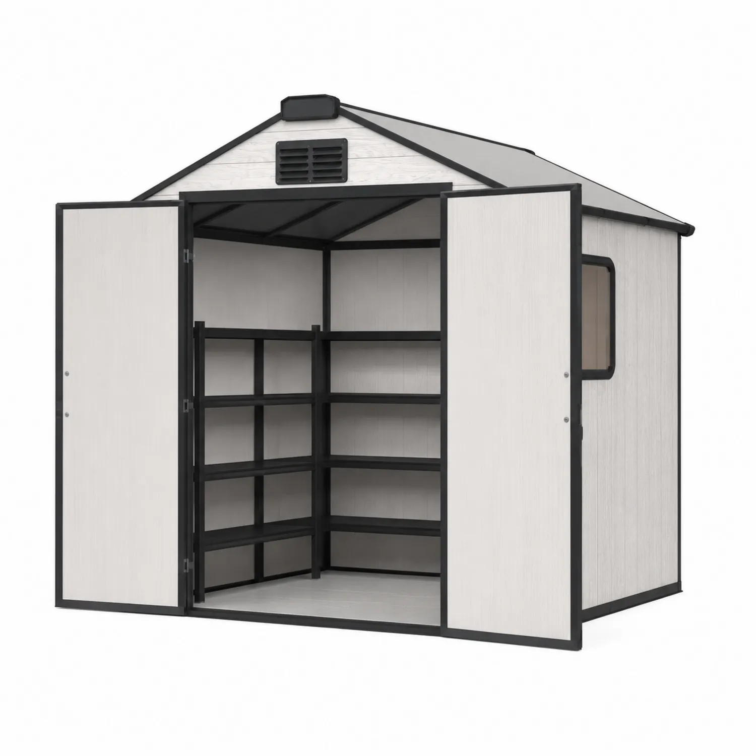 Abri de rangement en résine avec étagères, 145x195x210 cm, Blanc/Noir
