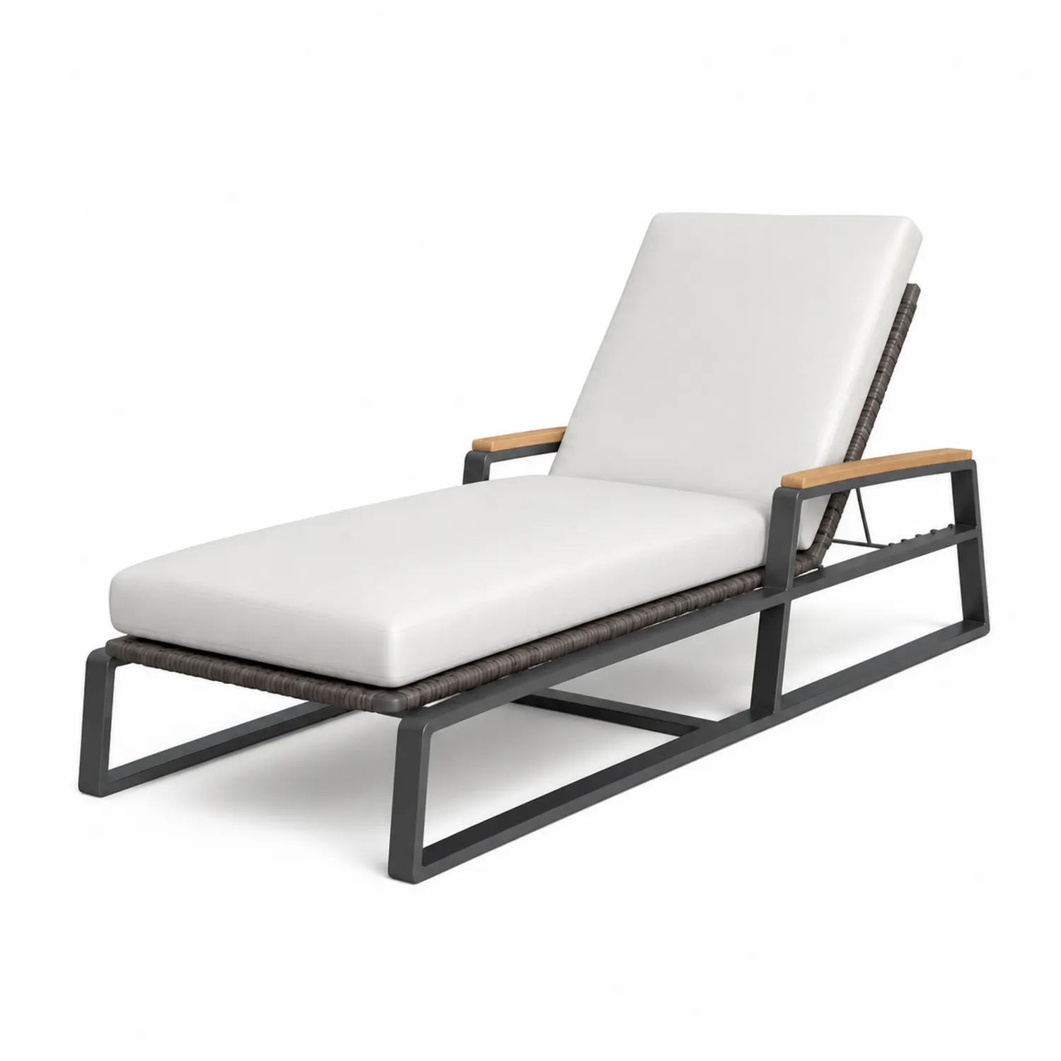 Chaise longue extérieure en métal et bois avec coussin blanc