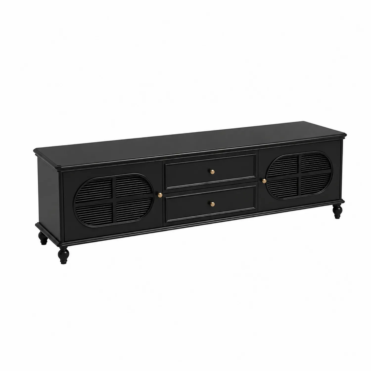 Meuble TV en bois MDF noir avec tiroirs et portes ajourées