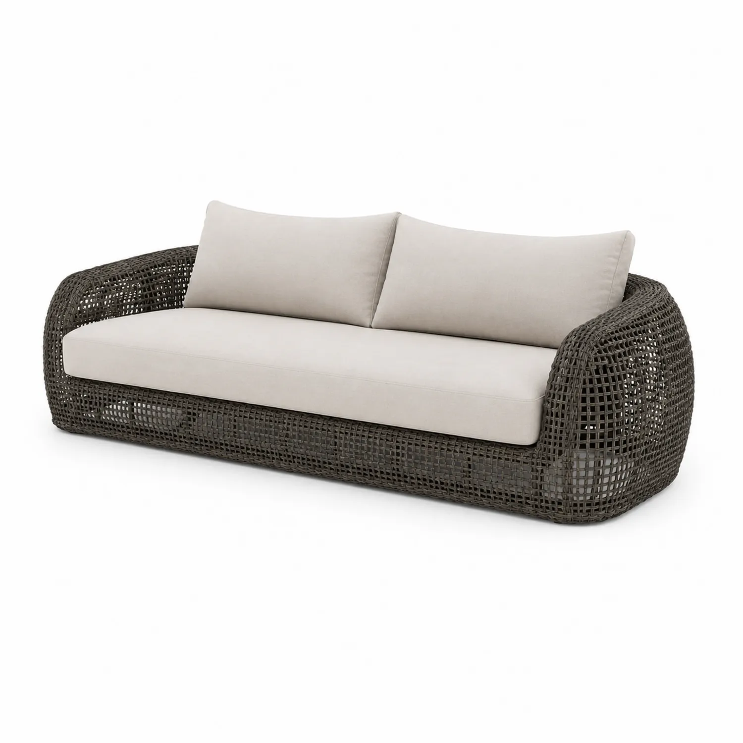 Canapé en résine tressée brun avec coussins beige 210 cm