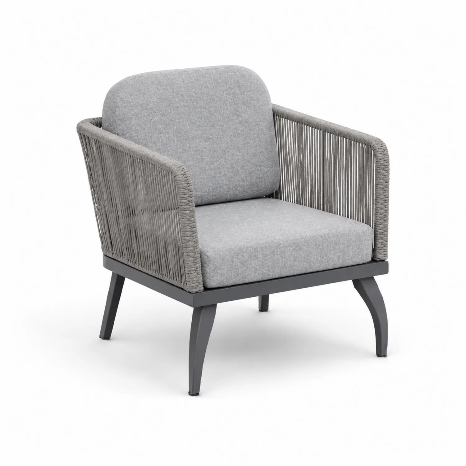 Fauteuil d'extérieur en aluminium et corde avec coussins en polyester gris