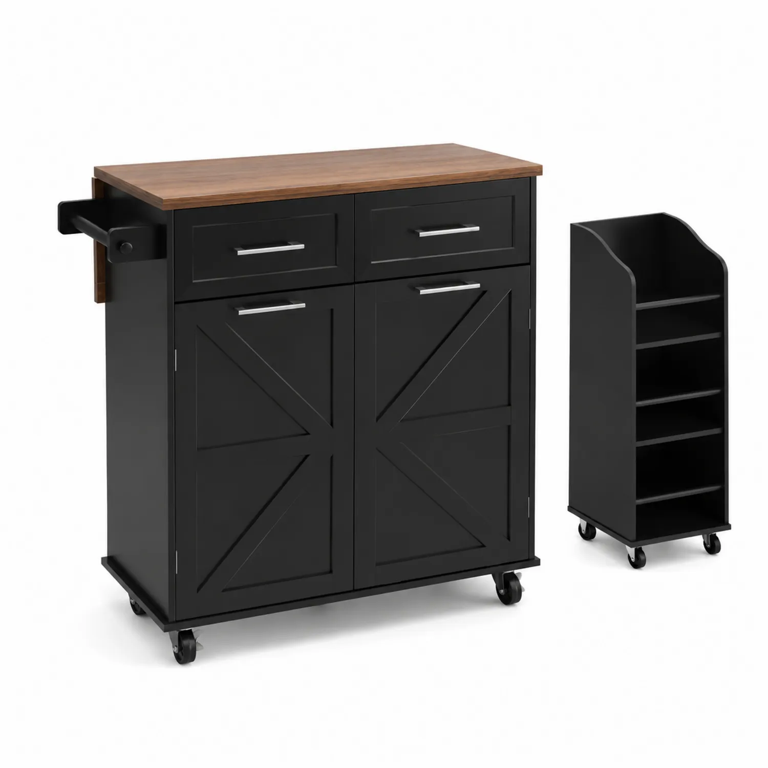 Îlot de cuisine en bois et MDF noir avec rangement à roulettes