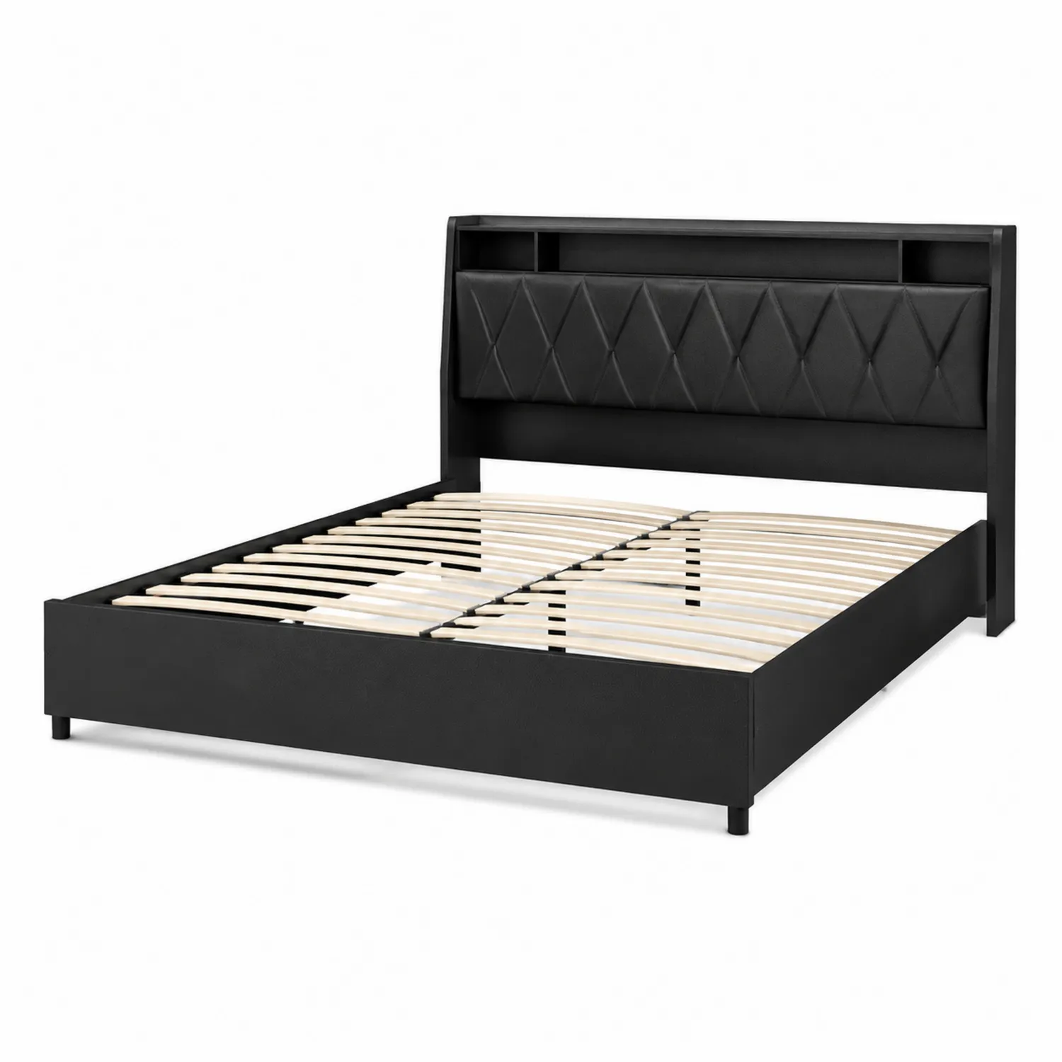 Lit plateforme en cuir synthétique Noir matelassé avec lattes en bois