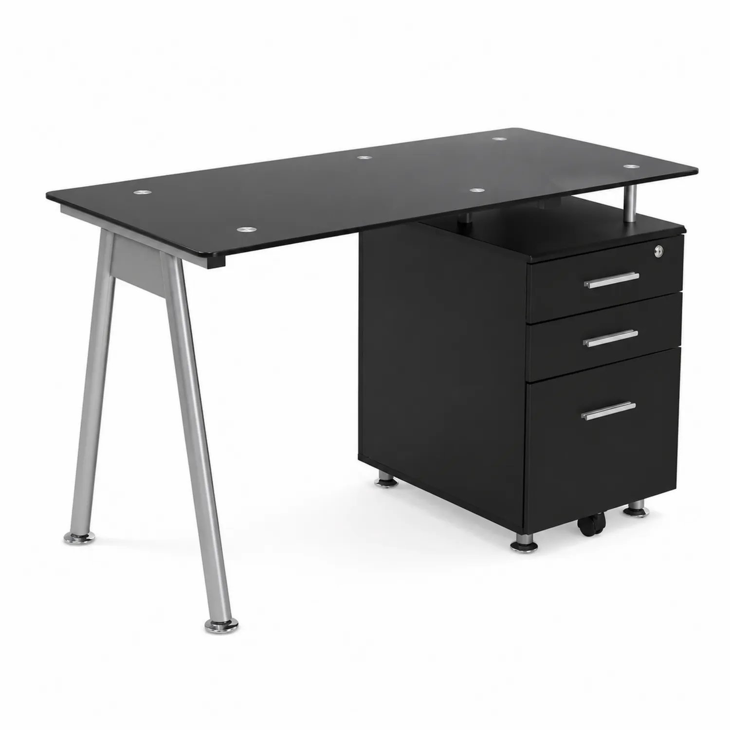 Bureau en Verre Trempé avec Tiroirs et Pieds Métalliques