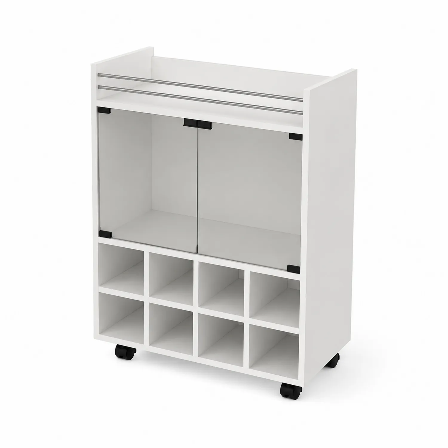 Chariot de cuisine blanc avec roulettes et compartiments en bois