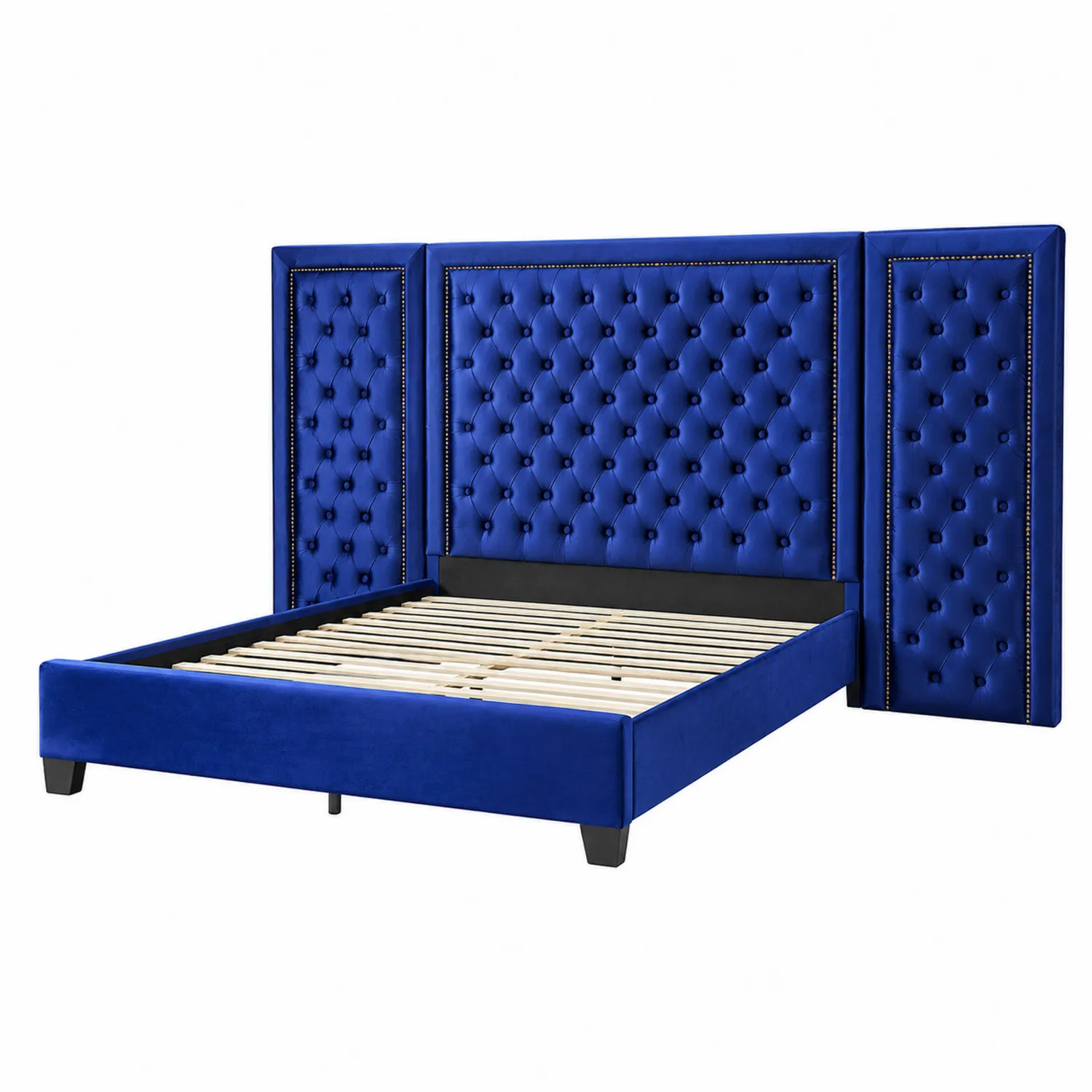 Lit en velours bleu avec tête de lit capitonnée
