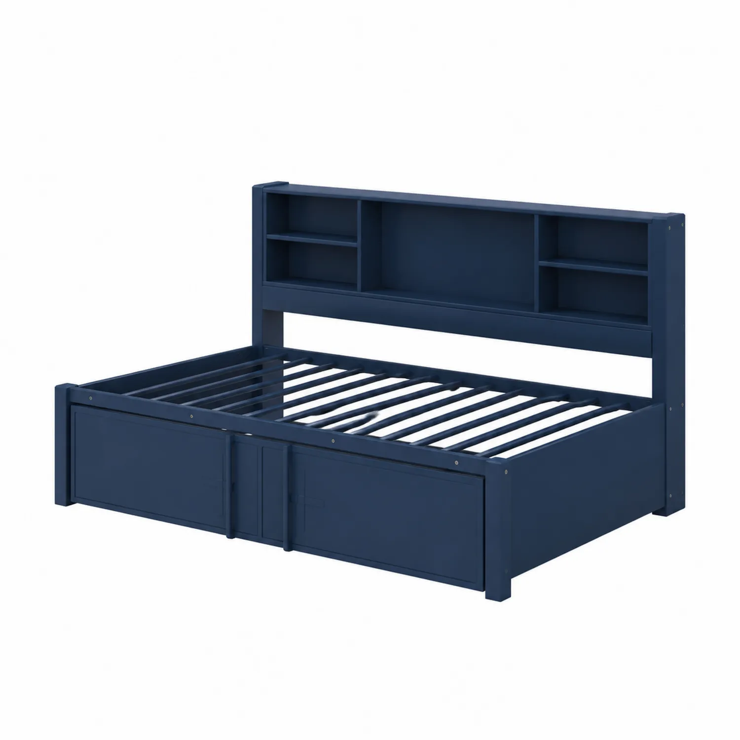 Lit banquette en bois avec étagères intégrées bleues