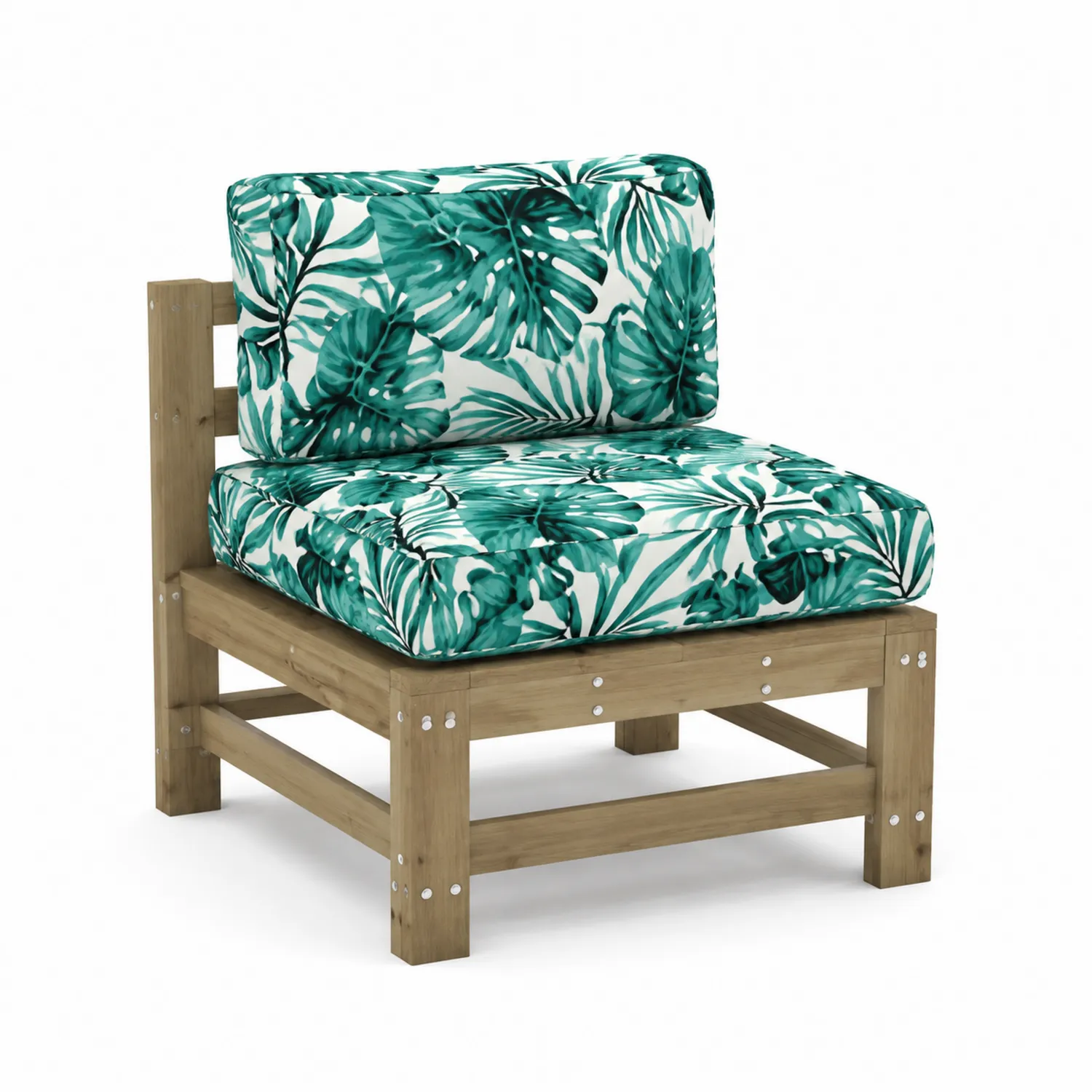 Fauteuil de jardin en bois avec coussins à motif feuillage